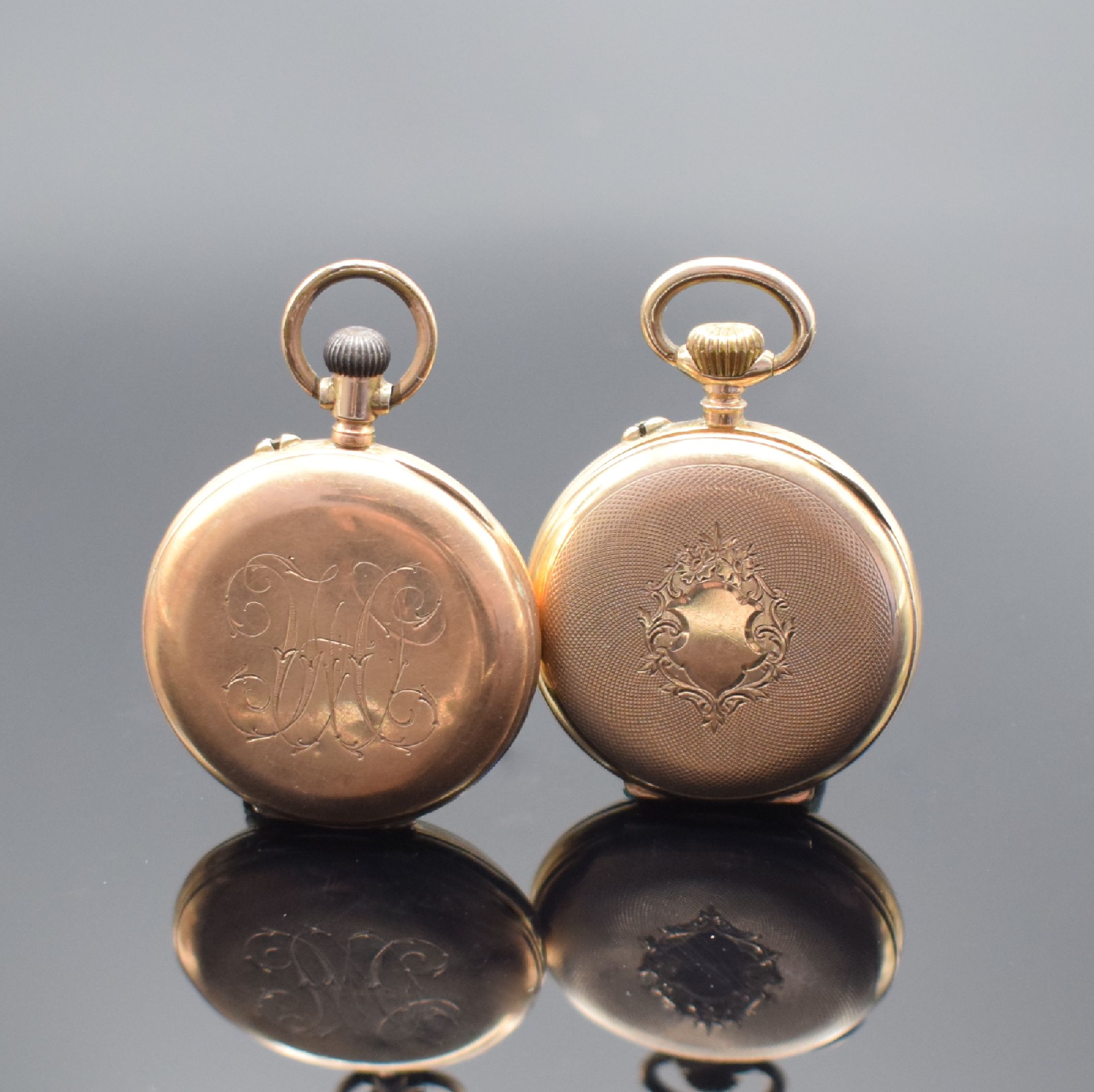 Detail g: 3 offene Zylindertaschenuhren in RG 585/000, Schweiz um 1900, alle mit verg. Cuv., Emailzifferbl. m. röm. Std., 2 x D. ca. 32 mm, 1 x D. ca. 44 mm, ...