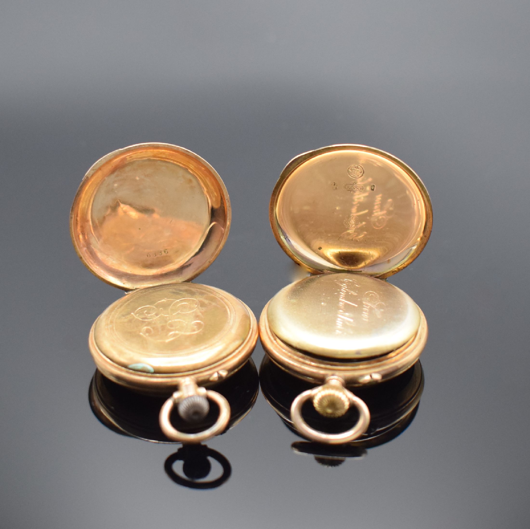 Detail h: 3 offene Zylindertaschenuhren in RG 585/000, Schweiz um 1900, alle mit verg. Cuv., Emailzifferbl. m. röm. Std., 2 x D. ca. 32 mm, 1 x D. ca. 44 mm, ...