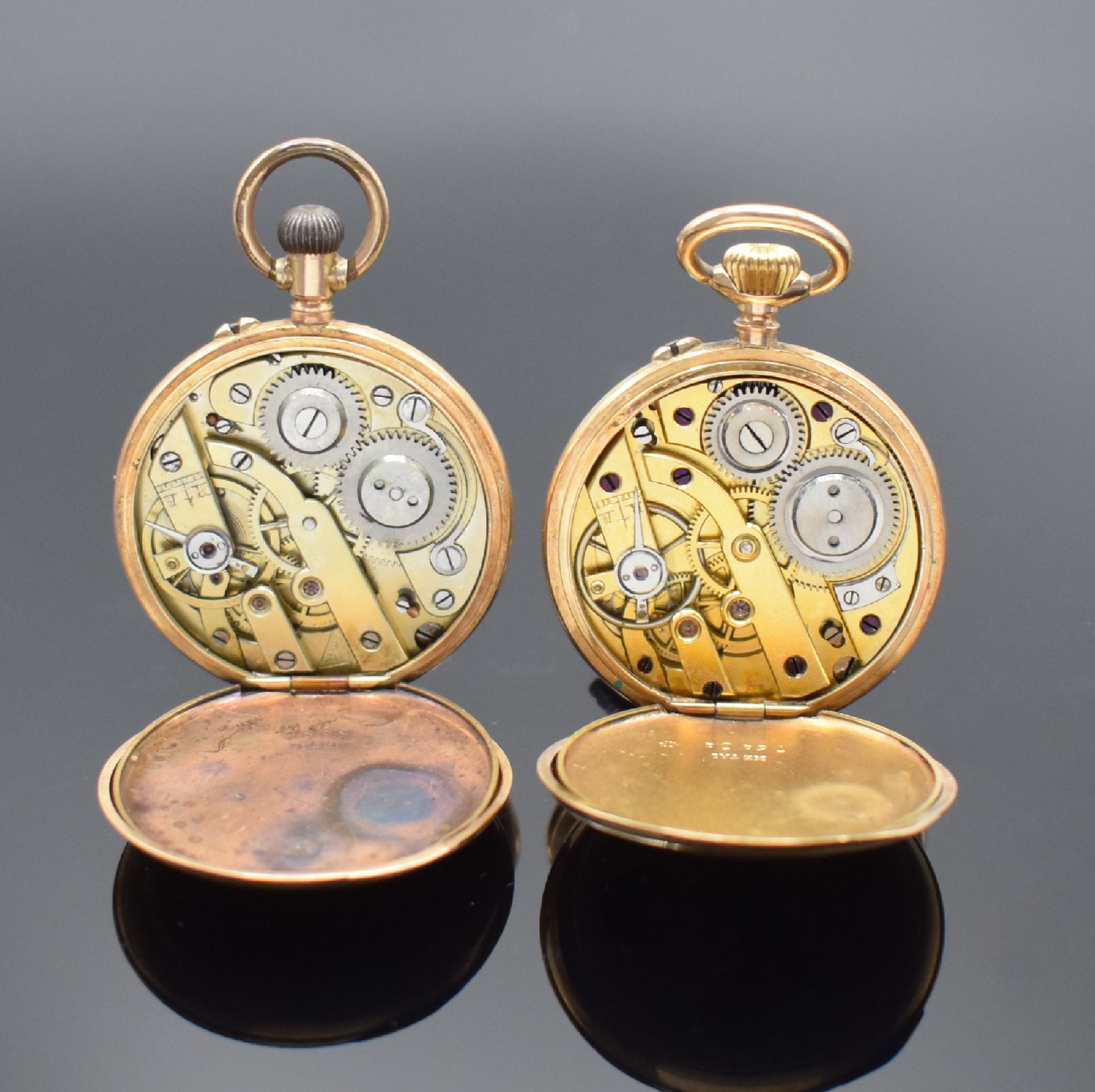 Detail j: 3 offene Zylindertaschenuhren in RG 585/000, Schweiz um 1900, alle mit verg. Cuv., Emailzifferbl. m. röm. Std., 2 x D. ca. 32 mm, 1 x D. ca. 44 mm, ...