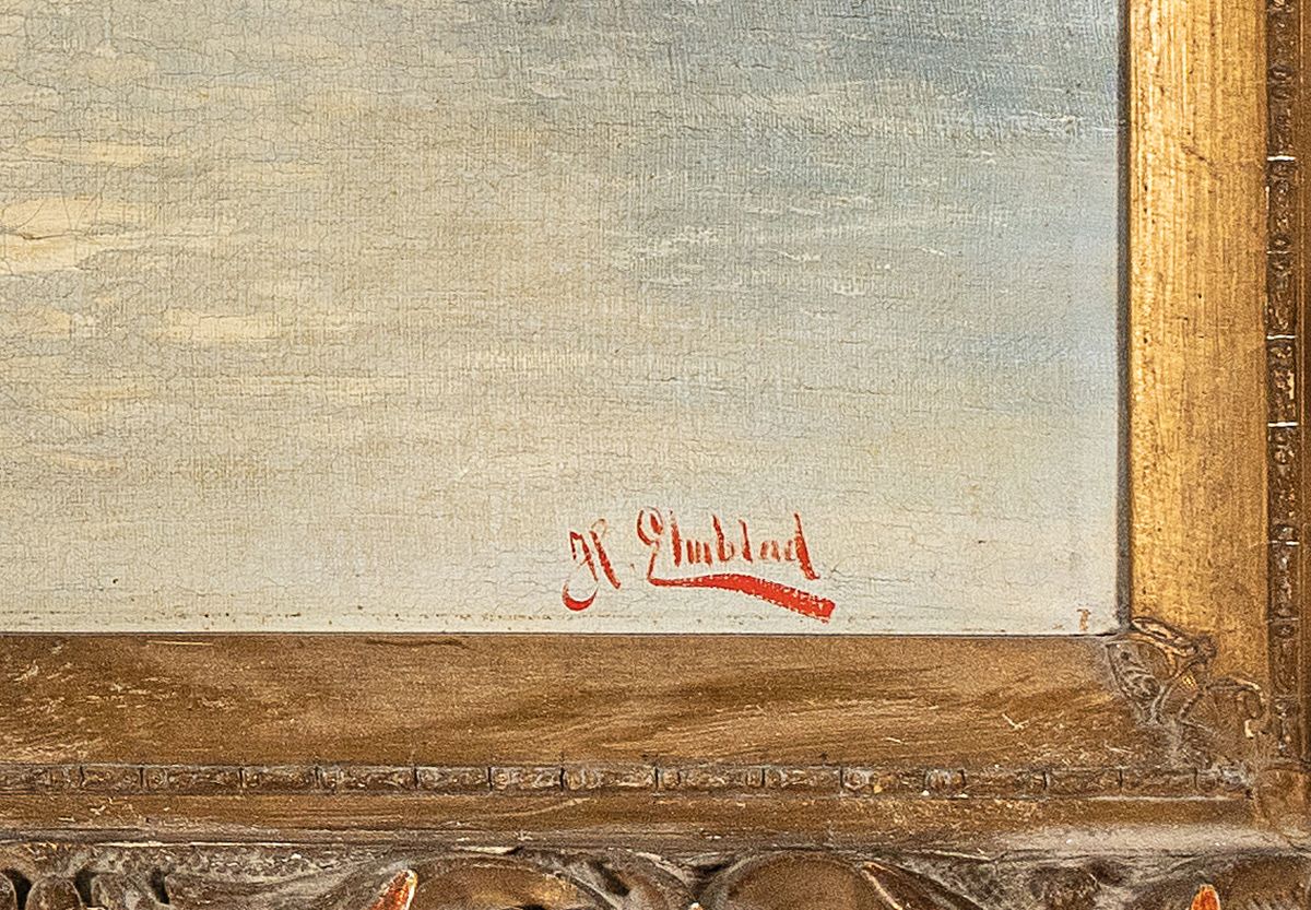 Detail a: H.Elmblad, um 1900, norwegische Fjordlandschaft mit Fischern, Öl/ Lwd, li.u. rot signiert, ca. 73 x 100 cm, Prunkrahmen ca.108 x 132 cm, Rahmen l. ...