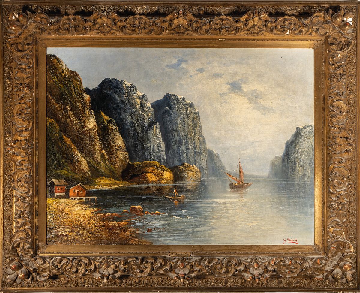 Detail k: H.Elmblad, um 1900, norwegische Fjordlandschaft mit Fischern, Öl/ Lwd, li.u. rot signiert, ca. 73 x 100 cm, Prunkrahmen ca.108 x 132 cm, Rahmen l. ...