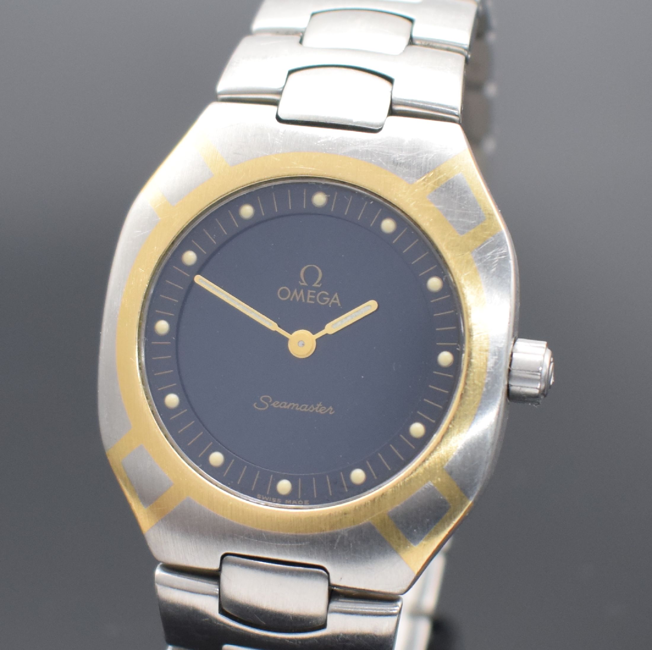 Detail a: OMEGA Seamaster Polaris Herrenarmbanduhr mit Multifunktionen, Schweiz um 1985, quarz mit digitaler & analoger Anzeige, Edelstahlgeh. teils m. Gold ...
