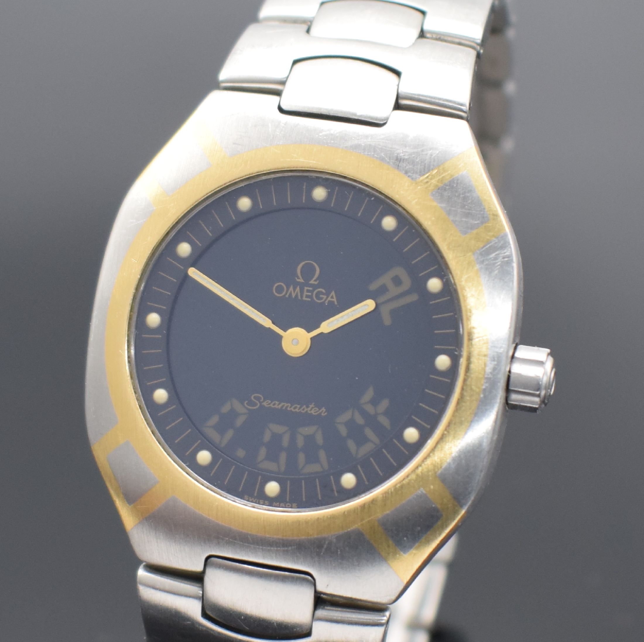 Detail b: OMEGA Seamaster Polaris Herrenarmbanduhr mit Multifunktionen, Schweiz um 1985, quarz mit digitaler & analoger Anzeige, Edelstahlgeh. teils m. Gold ...