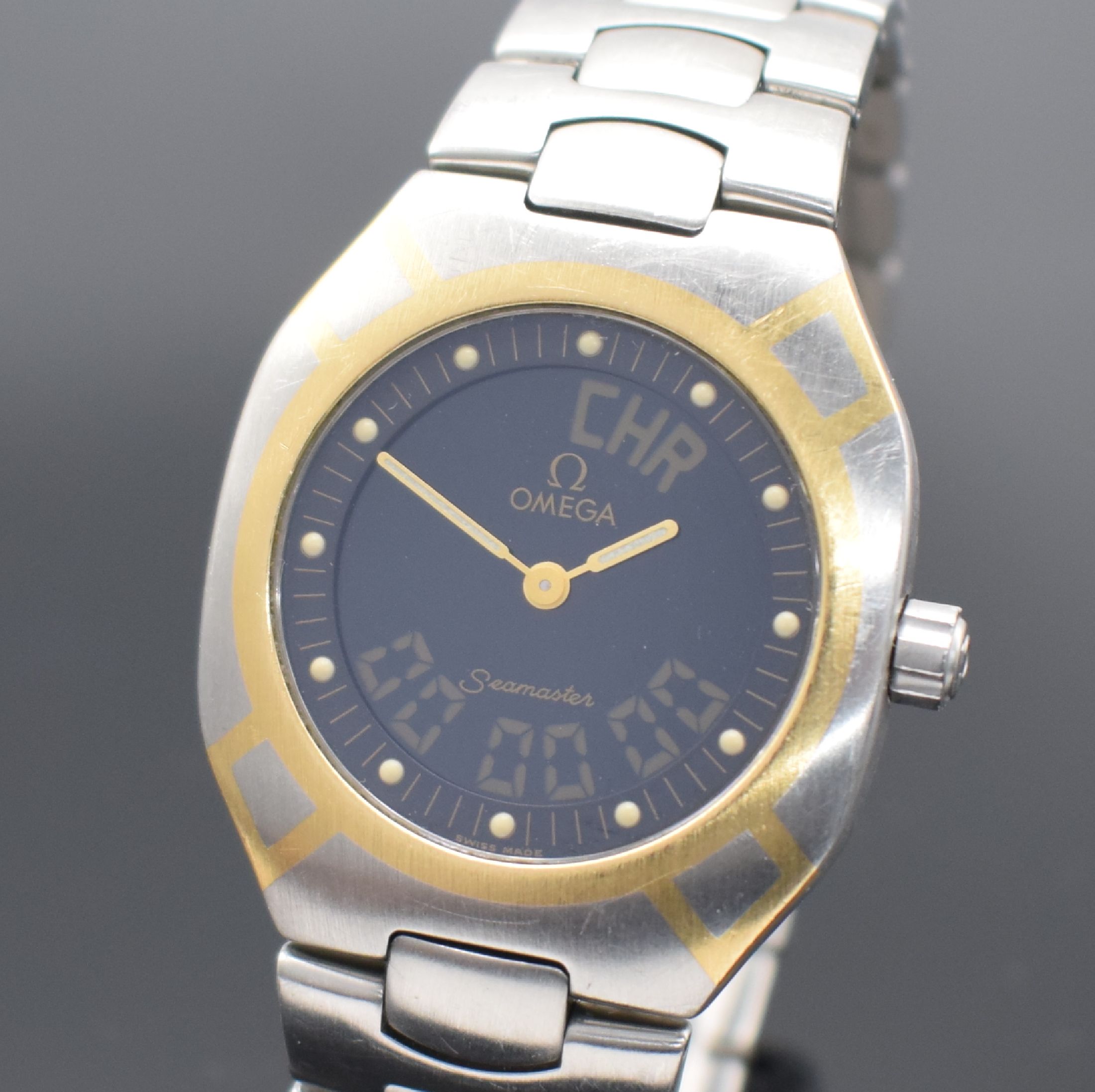 Detail c: OMEGA Seamaster Polaris Herrenarmbanduhr mit Multifunktionen, Schweiz um 1985, quarz mit digitaler & analoger Anzeige, Edelstahlgeh. teils m. Gold ...