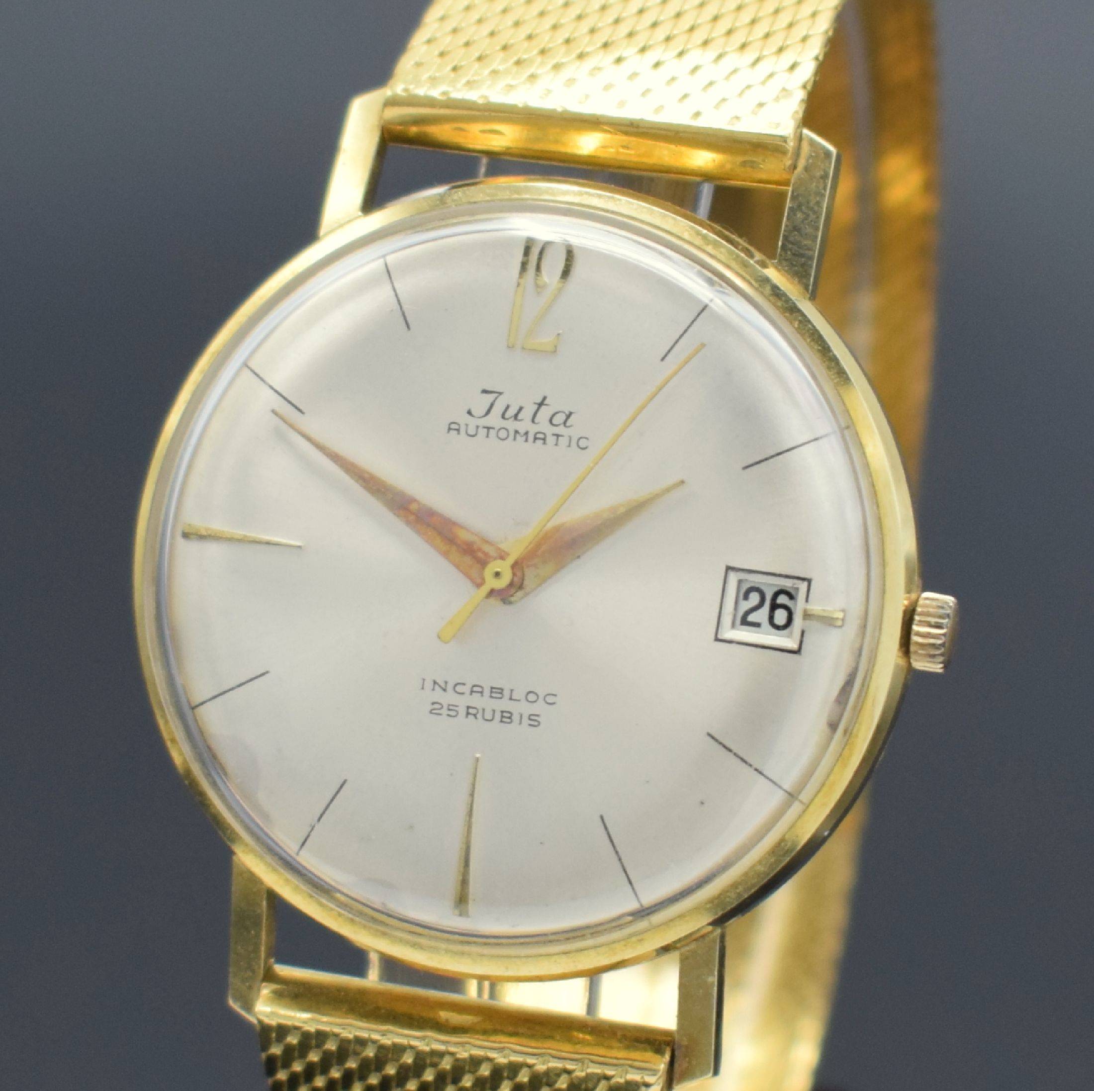 Detail a: JUTA Herrenarmbanduhr in GG 585/000 mit GG 750/000 Band, Deutschland um 1960, Goldband auf Kundenwunsch später, Automatik, 2-teil. Geh., Boden ...