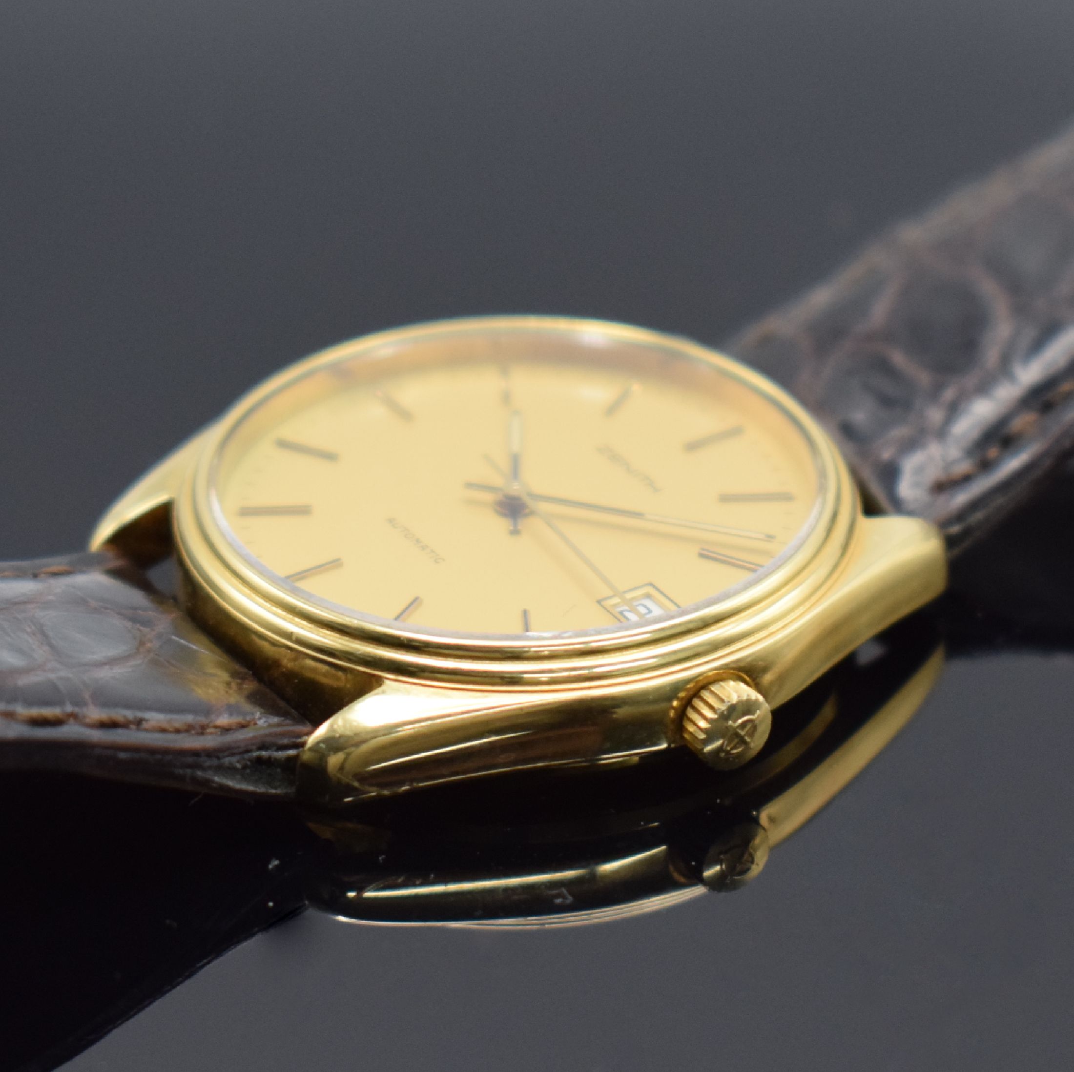 Detail c: ZENITH Herrenarmbanduhr in GG 750/000 Referenz 30-0170.490, Schweiz um 1988, Automatik, 2-teil. Geh., Boden geschr., gold. Zifferbl. m. aufges. ...