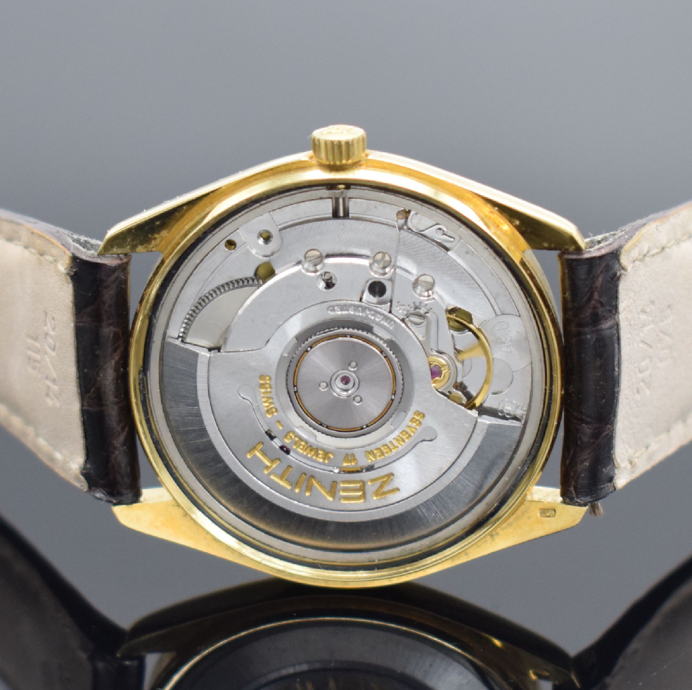 Detail e: ZENITH Herrenarmbanduhr in GG 750/000 Referenz 30-0170.490, Schweiz um 1988, Automatik, 2-teil. Geh., Boden geschr., gold. Zifferbl. m. aufges. ...