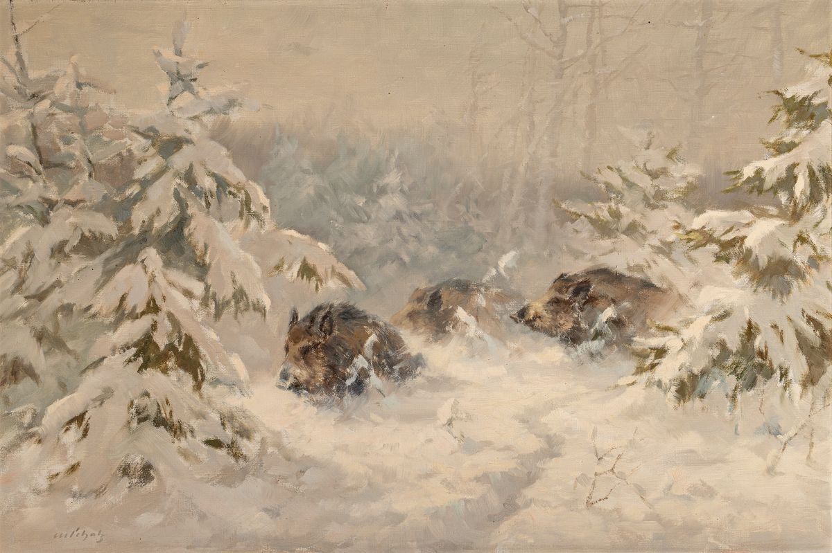 Manfred Schatz, 1925 Stettiner Haff-2004 Meerbusch, Wildschweine im verschneiten Winterwald, Öl/Lwd, links unten signiert, ca. 60x90cm, R. ca. ...
