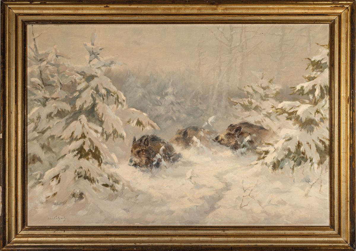 Detail k: Manfred Schatz, 1925 Stettiner Haff-2004 Meerbusch, Wildschweine im verschneiten Winterwald, Öl/Lwd, links unten signiert, ca. 60x90cm, R. ca. ...
