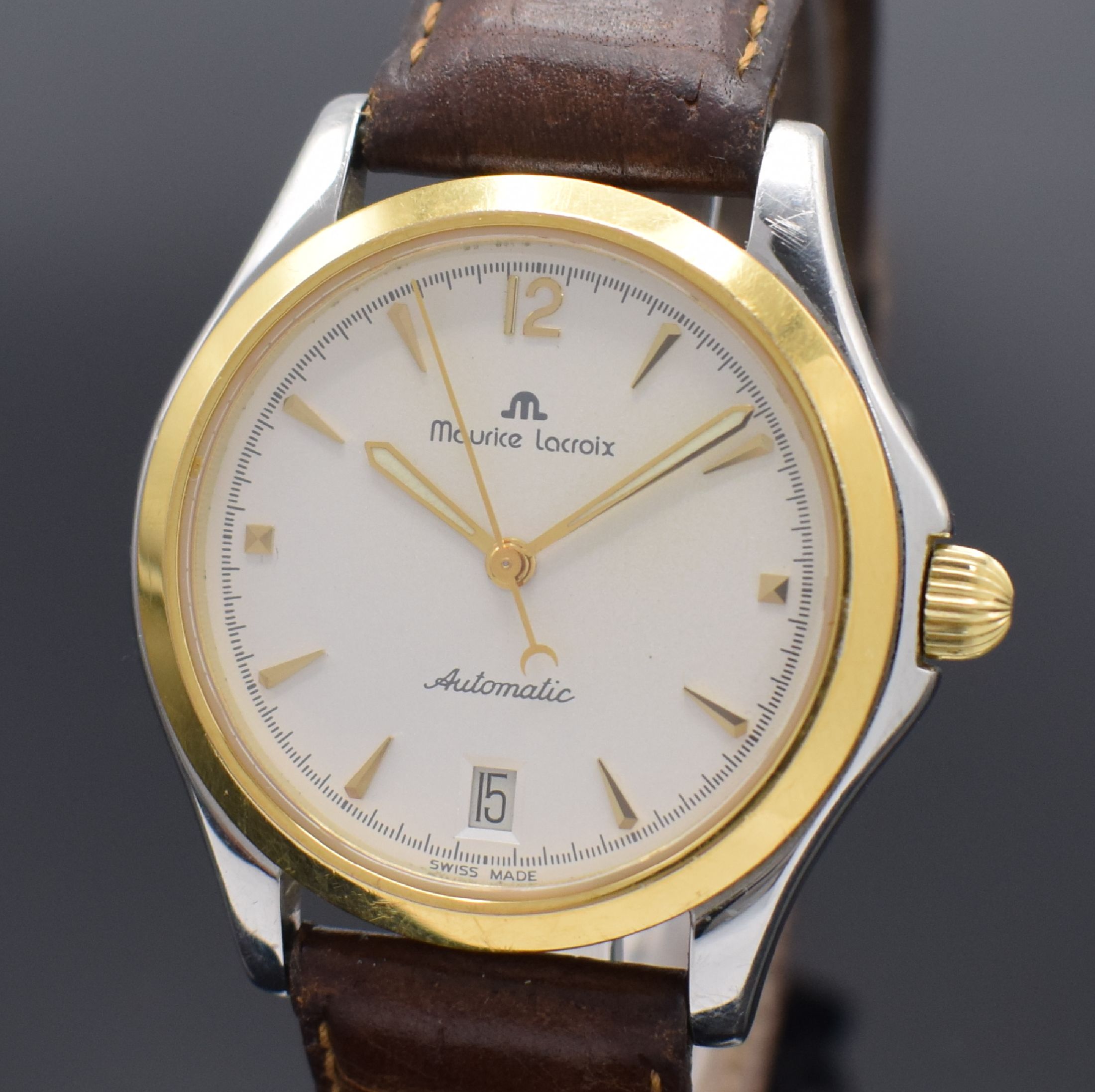 Detail a: MAURICE LACROIX Herrenarmbanduhr in Edelstahl Referenz 68641, Automatik, Schweiz um 2000, Edelstahlgeh. inkl. Lederband m. orig. Dornschl., verg. ...