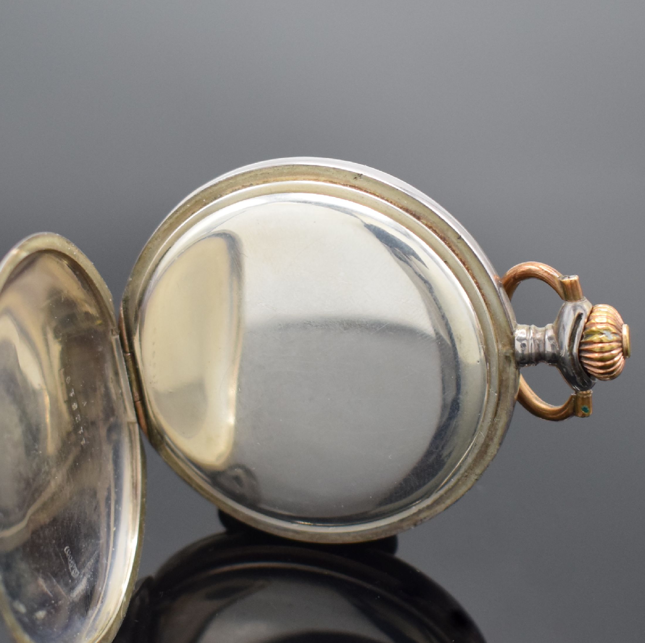 Detail e: CHRONOMETRE ALPINA Savonette Herrentaschenuhr No. 112819 in 900er Silber, Schweiz um 1910, glattes 3 Deckel Silbergeh. l. dell., 2-teil. ...