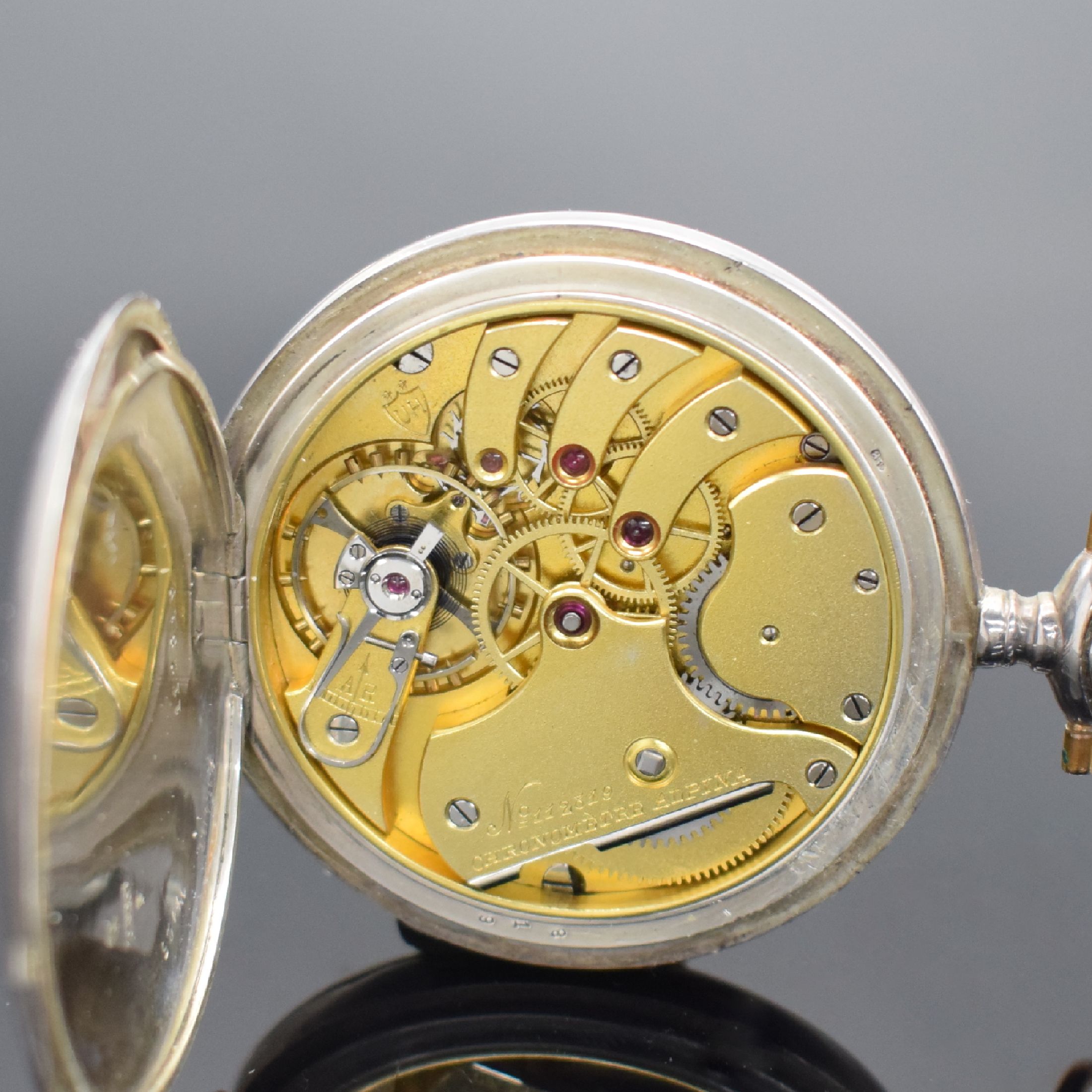 Detail g: CHRONOMETRE ALPINA Savonette Herrentaschenuhr No. 112819 in 900er Silber, Schweiz um 1910, glattes 3 Deckel Silbergeh. l. dell., 2-teil. ...