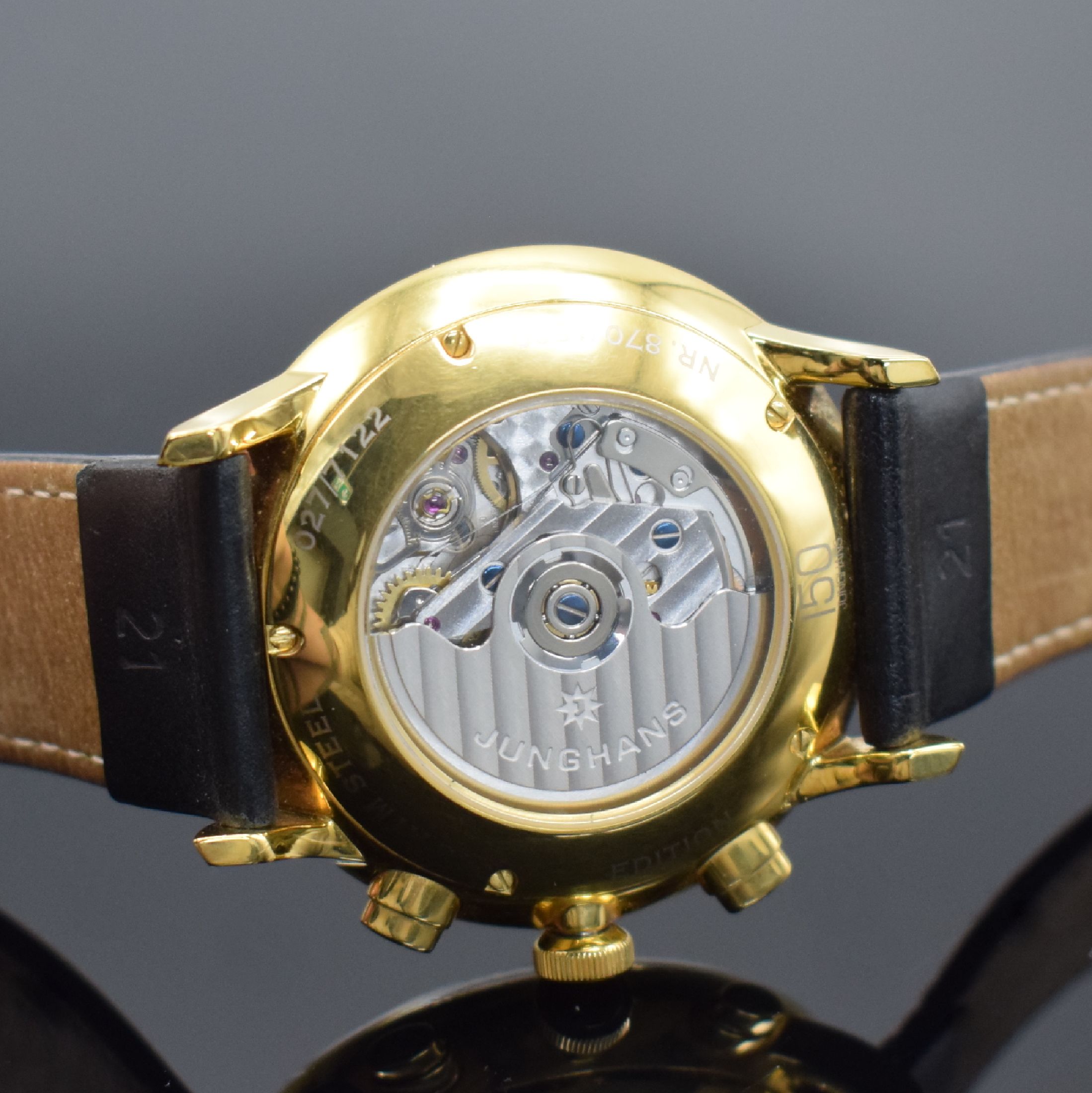 Detail e: JUNGHANS Chronoscope auf 1500 Stück limitierter Armbandchronograph Referenz 027/7122, Automatik, verg. Edelstahlgeh. beids. vergl., Boden 5-fach ...