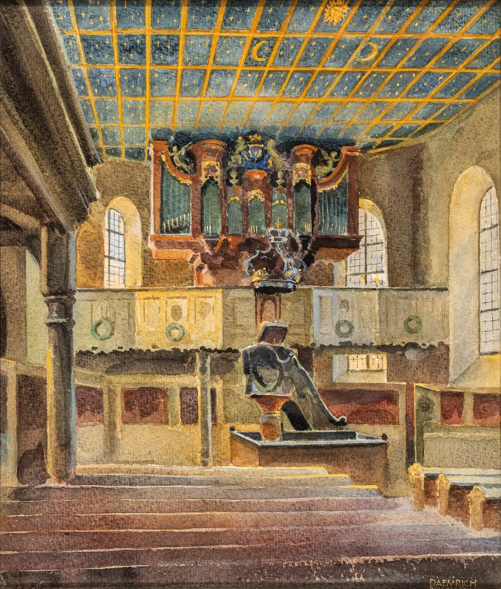 Fritz Dämrich: Die Bergkirche in Bergzabern (1957). Aquarell, Blick auf die Kanzel und die Orgelempore, rechts unten signiert, verso bez., Glas ...