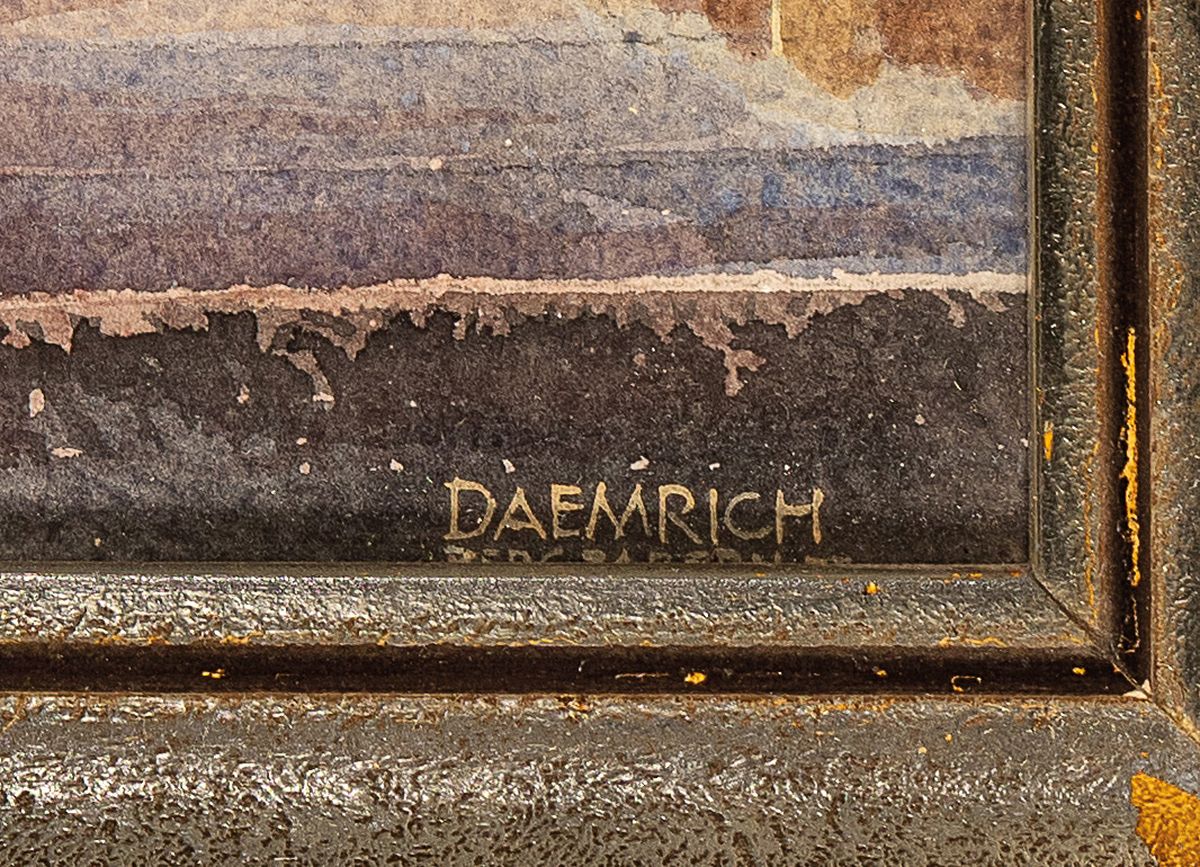 Detail a: Fritz Dämrich: Die Bergkirche in Bergzabern (1957). Aquarell, Blick auf die Kanzel und die Orgelempore, rechts unten signiert, verso bez., Glas ...