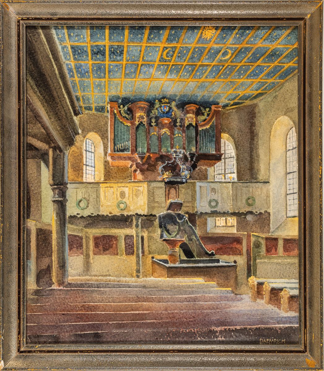 Detail k: Fritz Dämrich: Die Bergkirche in Bergzabern (1957). Aquarell, Blick auf die Kanzel und die Orgelempore, rechts unten signiert, verso bez., Glas ...
