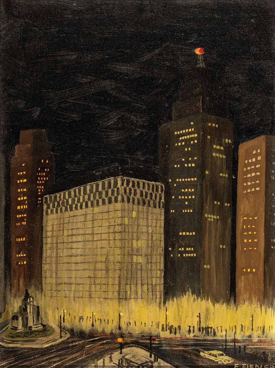 E. Fiedler, Künstler des 20.Jh., nächtlicher Blick auf Downtown Detroit (1965) so verso bez., rechts unten signiert, Öl/Karton, Rahmen, 38x30 cm