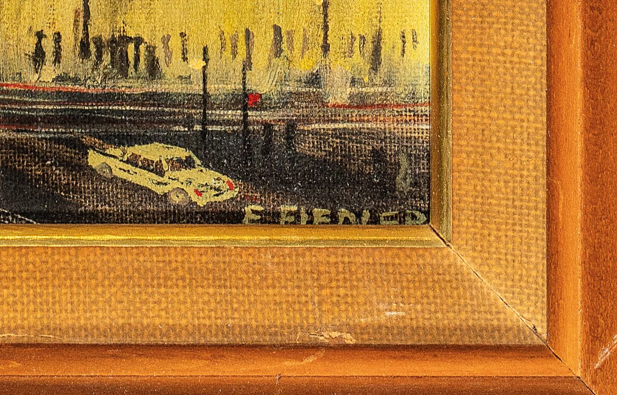 Detail a: E. Fiedler, Künstler des 20.Jh., nächtlicher Blick auf Downtown Detroit (1965) so verso bez., rechts unten signiert, Öl/Karton, Rahmen, 38x30 cm