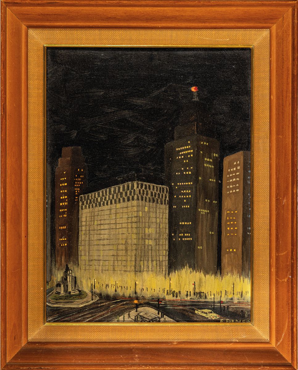 Detail k: E. Fiedler, Künstler des 20.Jh., nächtlicher Blick auf Downtown Detroit (1965) so verso bez., rechts unten signiert, Öl/Karton, Rahmen, 38x30 cm