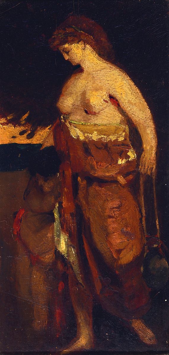 Unbekannter Künstler im Duktus Anselm Feuerbachs (1829-1880), Studie, mythologische Szene, weiblicher Halbakt mit Cupid, Öl/Malkarton, mehrfach ...