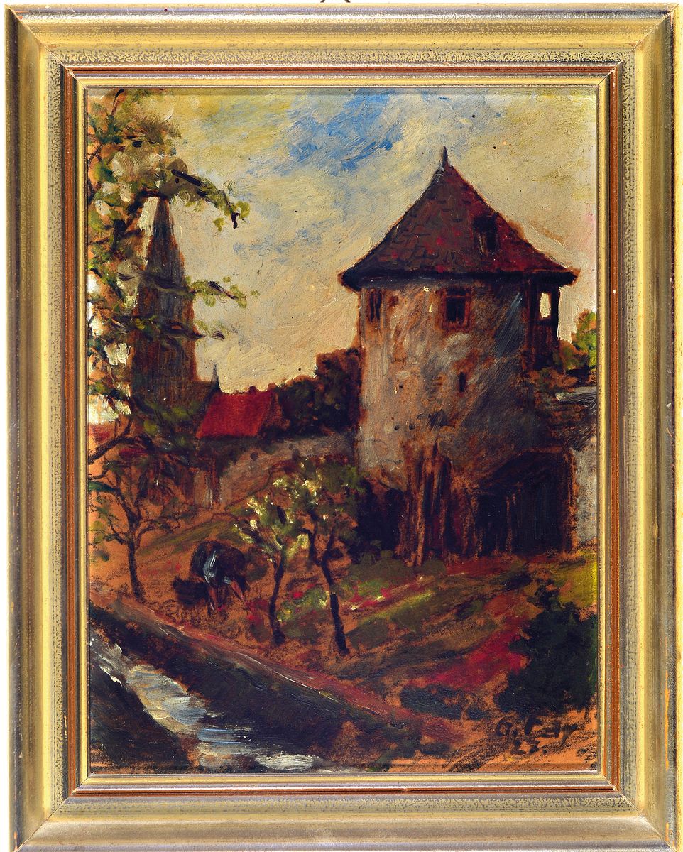 Detail k: G. Fay, Künstler des frühen 20.Jh., Blick auf Graben und Stadtmauer mit hintergründigemKirchturm wohl einer pfälzer Stadt, verso dat. 1927, ...