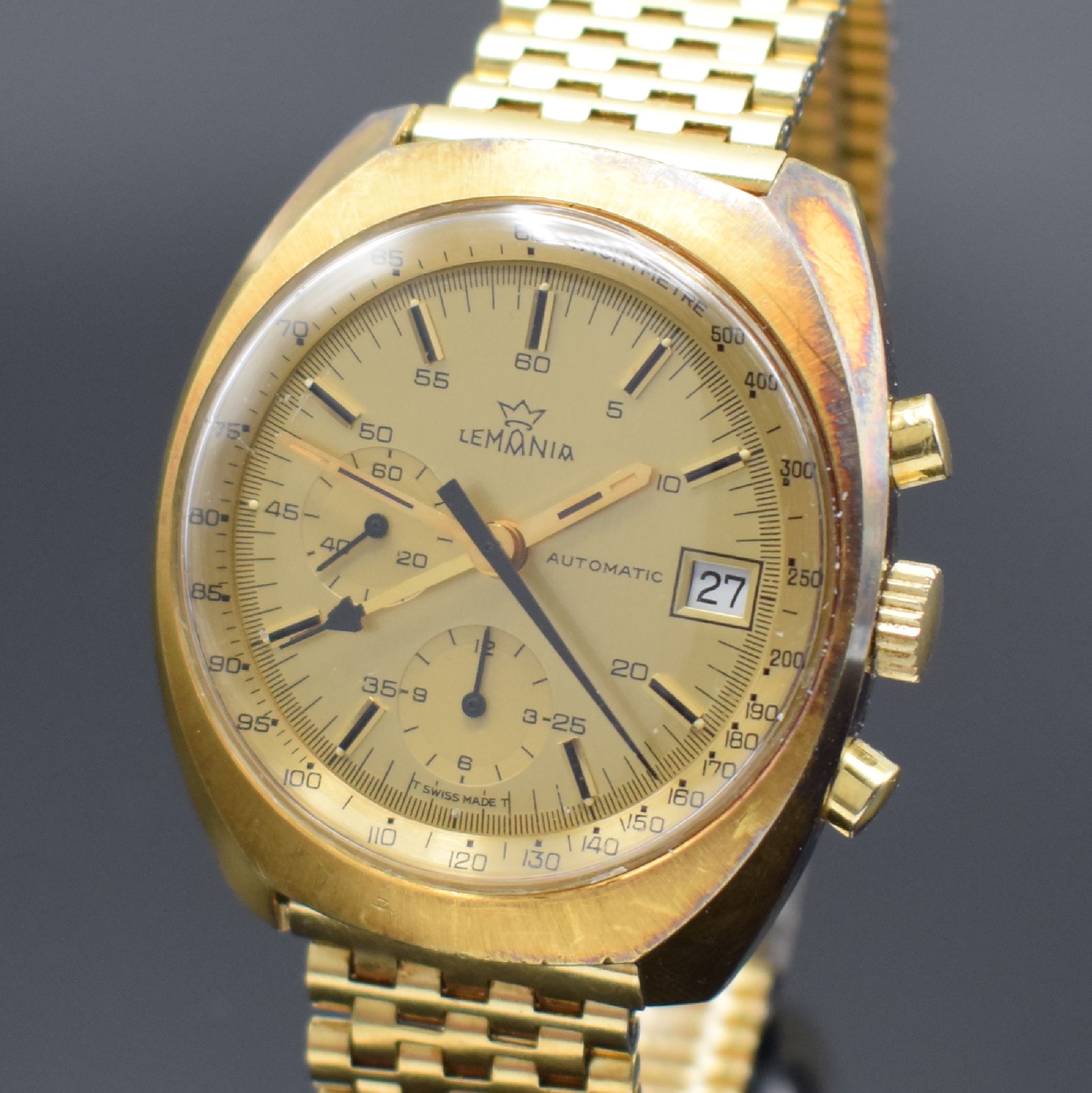 Detail a: LEMANIA vergoldete Herrenarmbanduhr mit Chronograph, Schweiz um 1970, Automatik, Geh. angel., Stahlboden verschr., verg. Gliederband m. Faltschl., ...