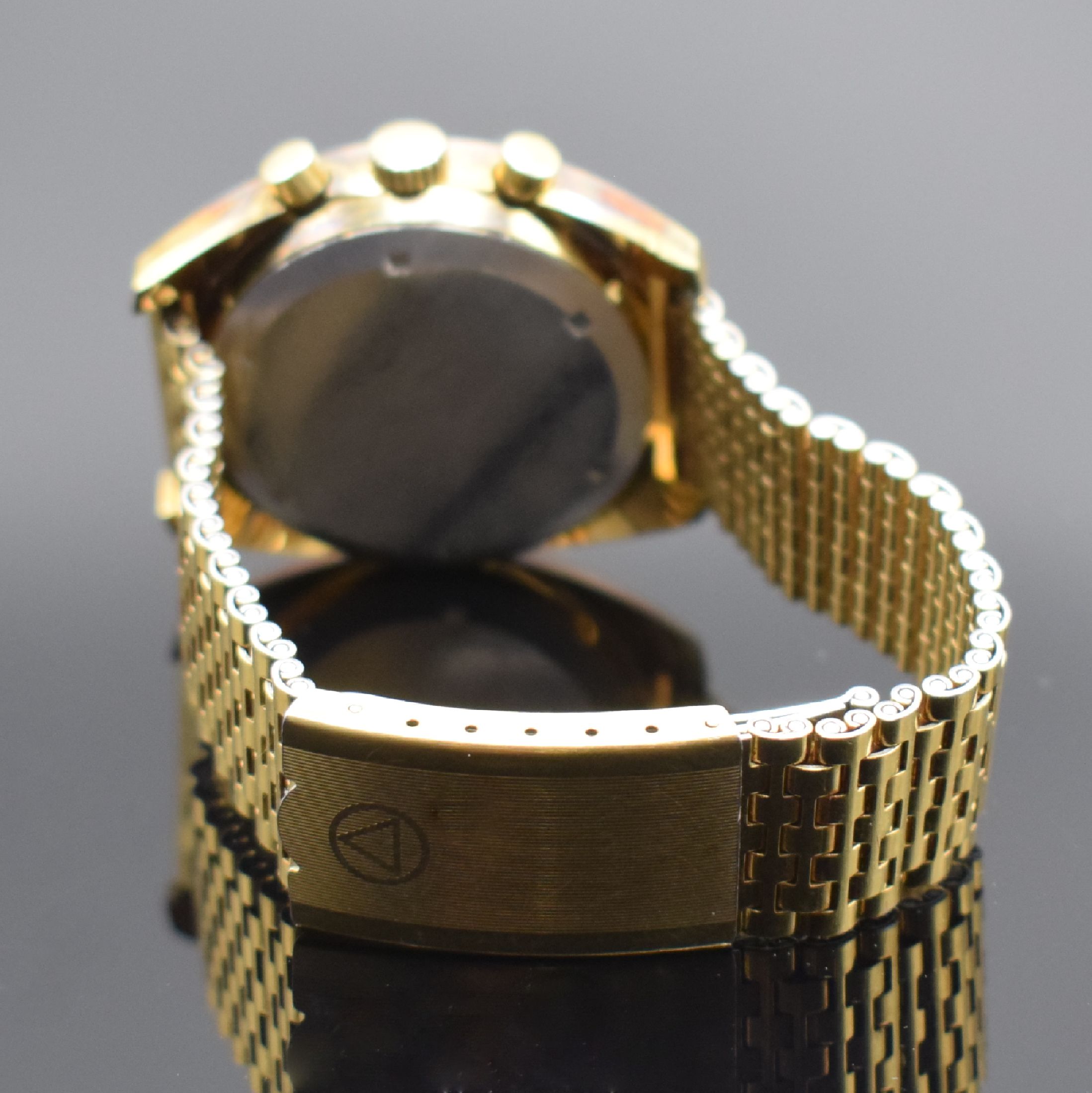 Detail b: LEMANIA vergoldete Herrenarmbanduhr mit Chronograph, Schweiz um 1970, Automatik, Geh. angel., Stahlboden verschr., verg. Gliederband m. Faltschl., ...