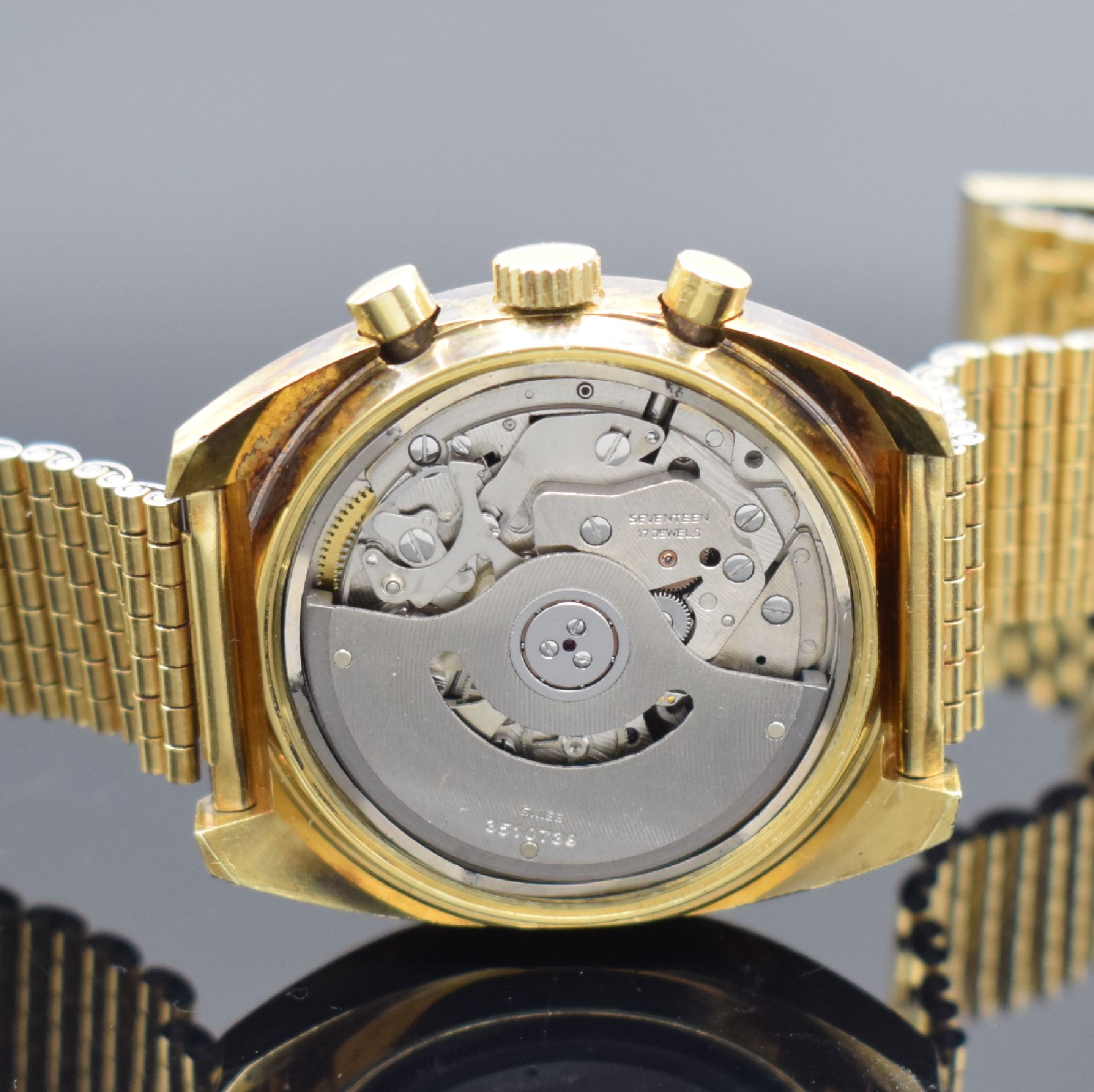 Detail e: LEMANIA vergoldete Herrenarmbanduhr mit Chronograph, Schweiz um 1970, Automatik, Geh. angel., Stahlboden verschr., verg. Gliederband m. Faltschl., ...