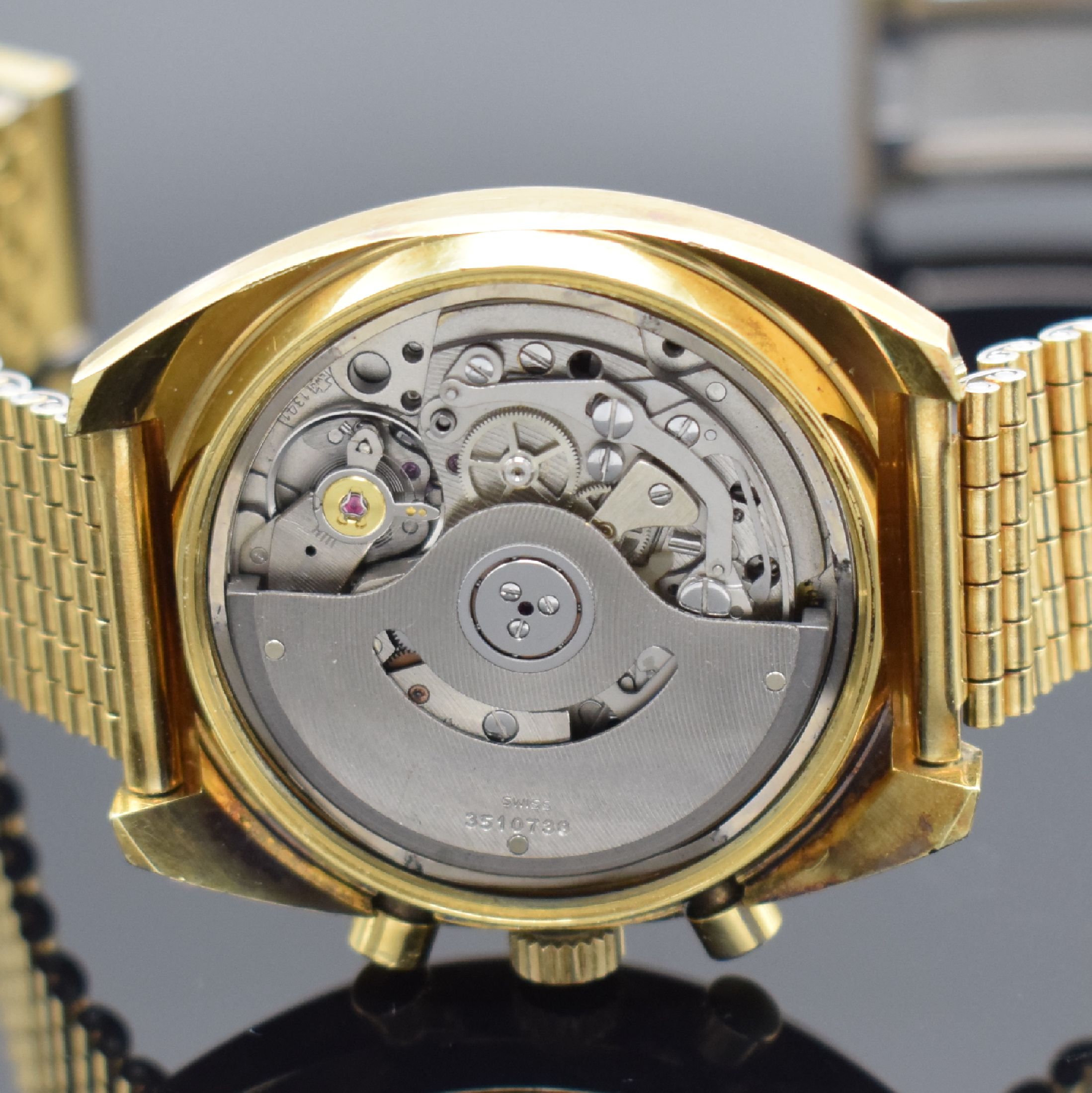 Detail f: LEMANIA vergoldete Herrenarmbanduhr mit Chronograph, Schweiz um 1970, Automatik, Geh. angel., Stahlboden verschr., verg. Gliederband m. Faltschl., ...
