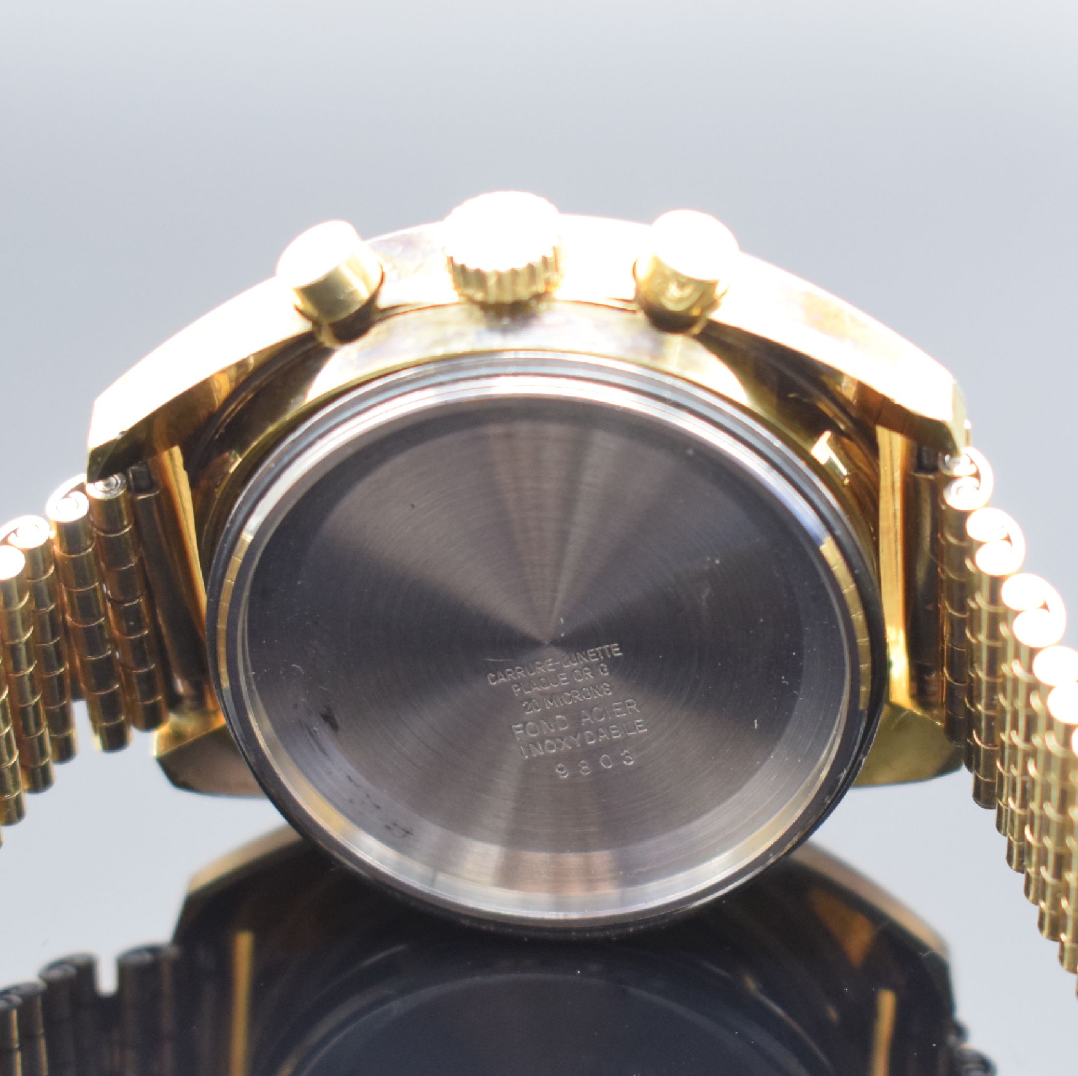 Detail g: LEMANIA vergoldete Herrenarmbanduhr mit Chronograph, Schweiz um 1970, Automatik, Geh. angel., Stahlboden verschr., verg. Gliederband m. Faltschl., ...