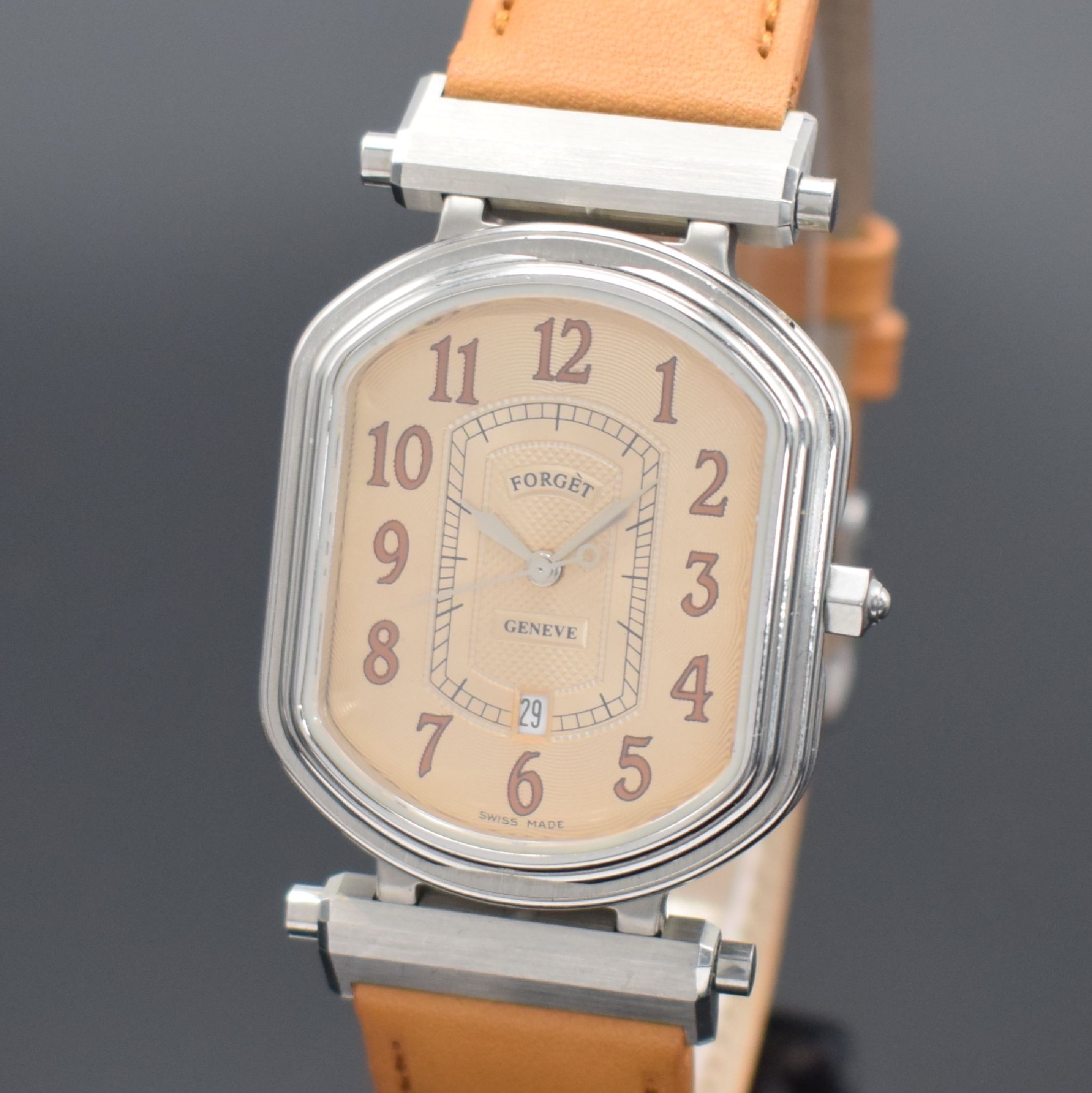 Detail a: FORGET Continental S ungetragene Armbanduhr in Edelstahl, Schweiz um 1990, Automatik, aufw. Geh. beids. vergl., abnehmbare Bandanstöße, Boden ...