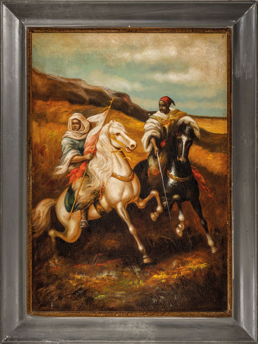 Detail k: Unbekannter Künstler der Mitte des 20.Jh., heroische arabische Reiterszene, ausgeprägt gleichmäßiges Krakelee, unsigniert, Öl/Lwd, Rahmen, ...