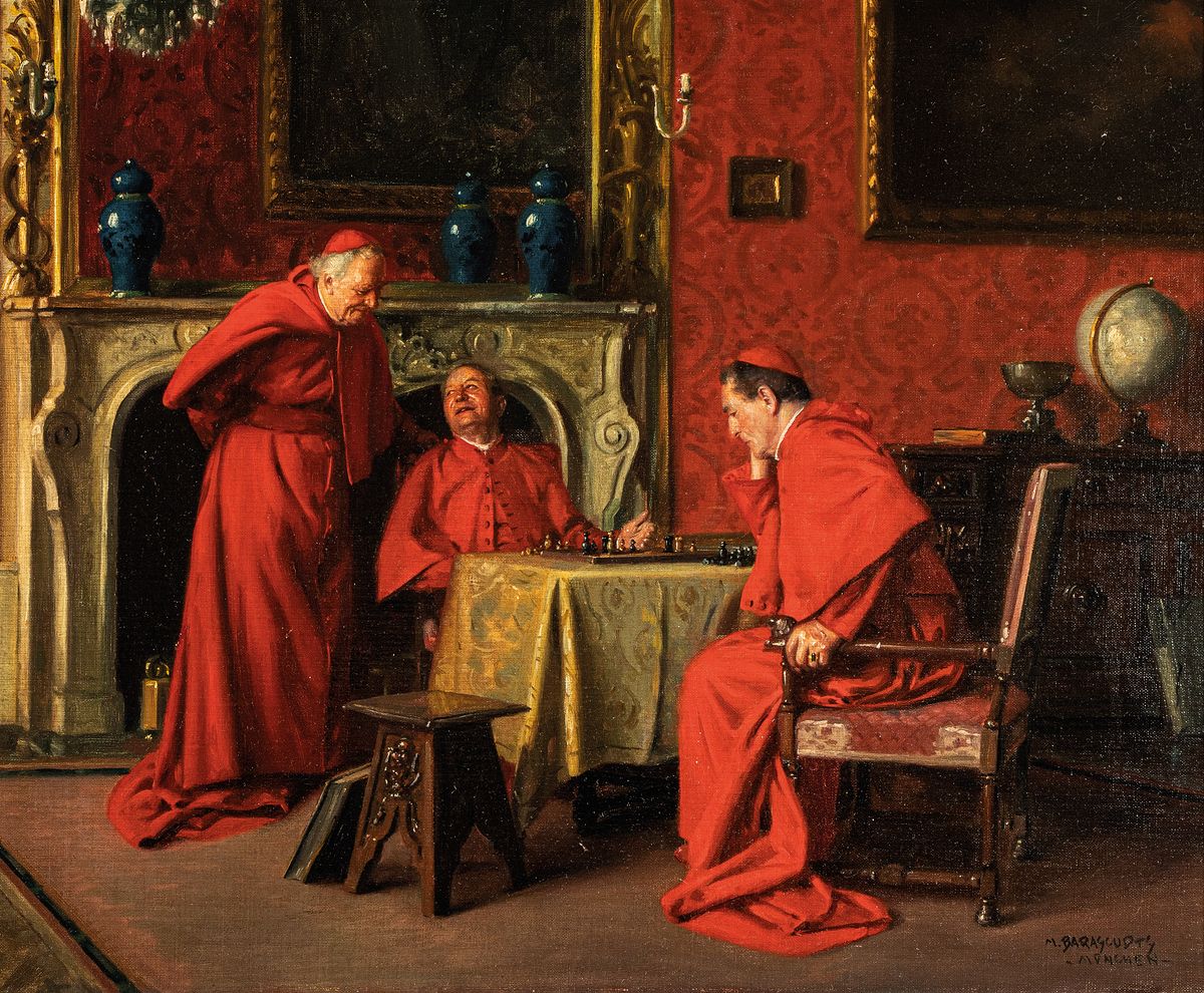 Max Barascudts, 1869 St. Denis - 1927 München, drei Kardinäle beim Schachspiel, detaillereiches Interieur, genaue Schilderung der Räumlichkeiten ...