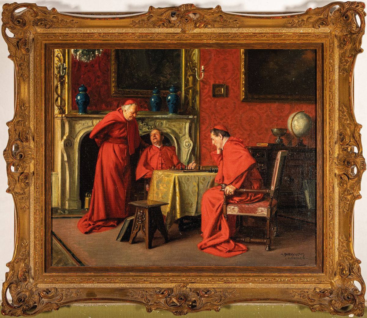 Detail k: Max Barascudts, 1869 St. Denis - 1927 München, drei Kardinäle beim Schachspiel, detaillereiches Interieur, genaue Schilderung der Räumlichkeiten ...