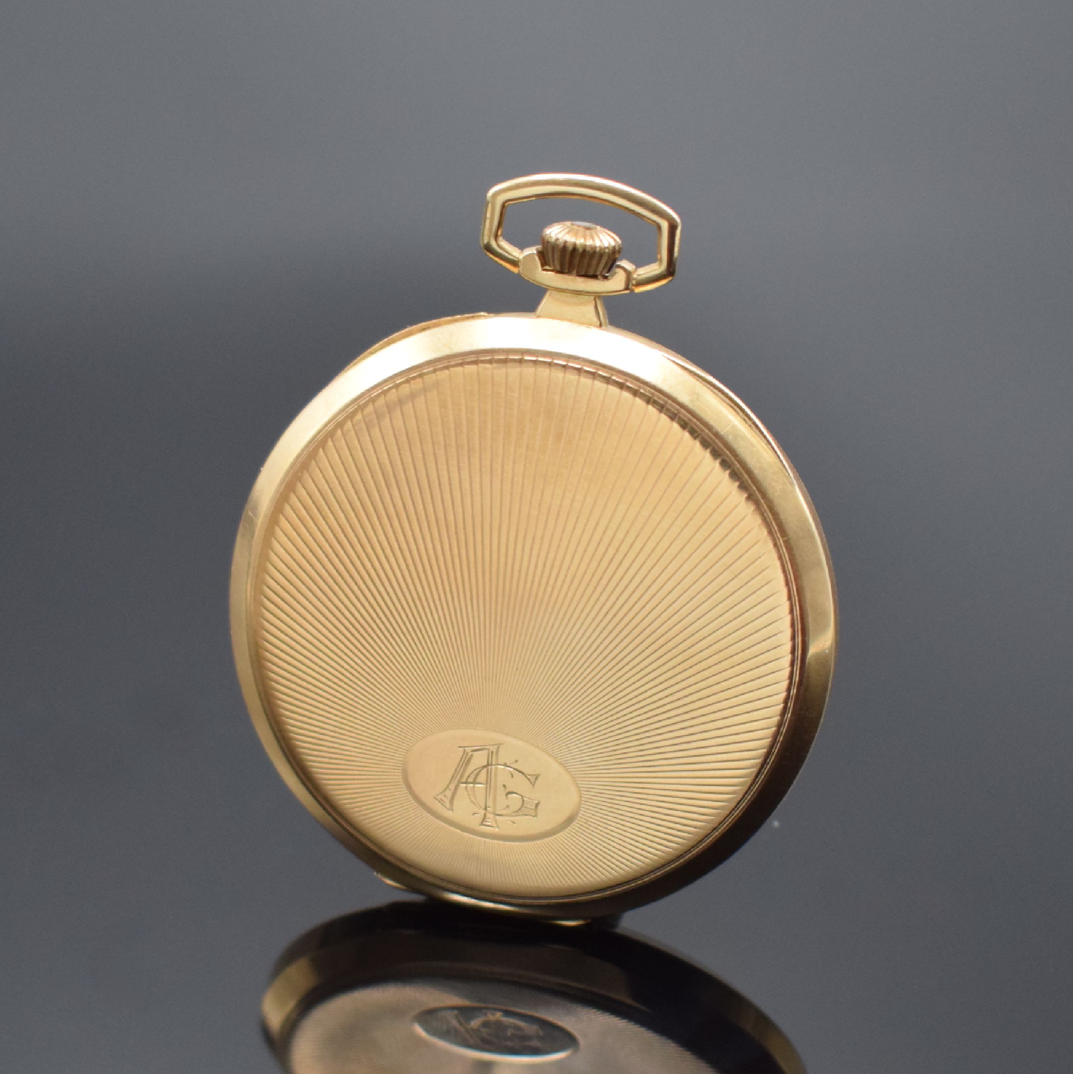 Detail a: SILVANA offene Taschenuhr in RoseG 585/000, Schweiz um 1924, 2-Deckel Goldgeh., Cuvette m. Widmung, Rückseite m. Strahlendekor & Monogramm, ...