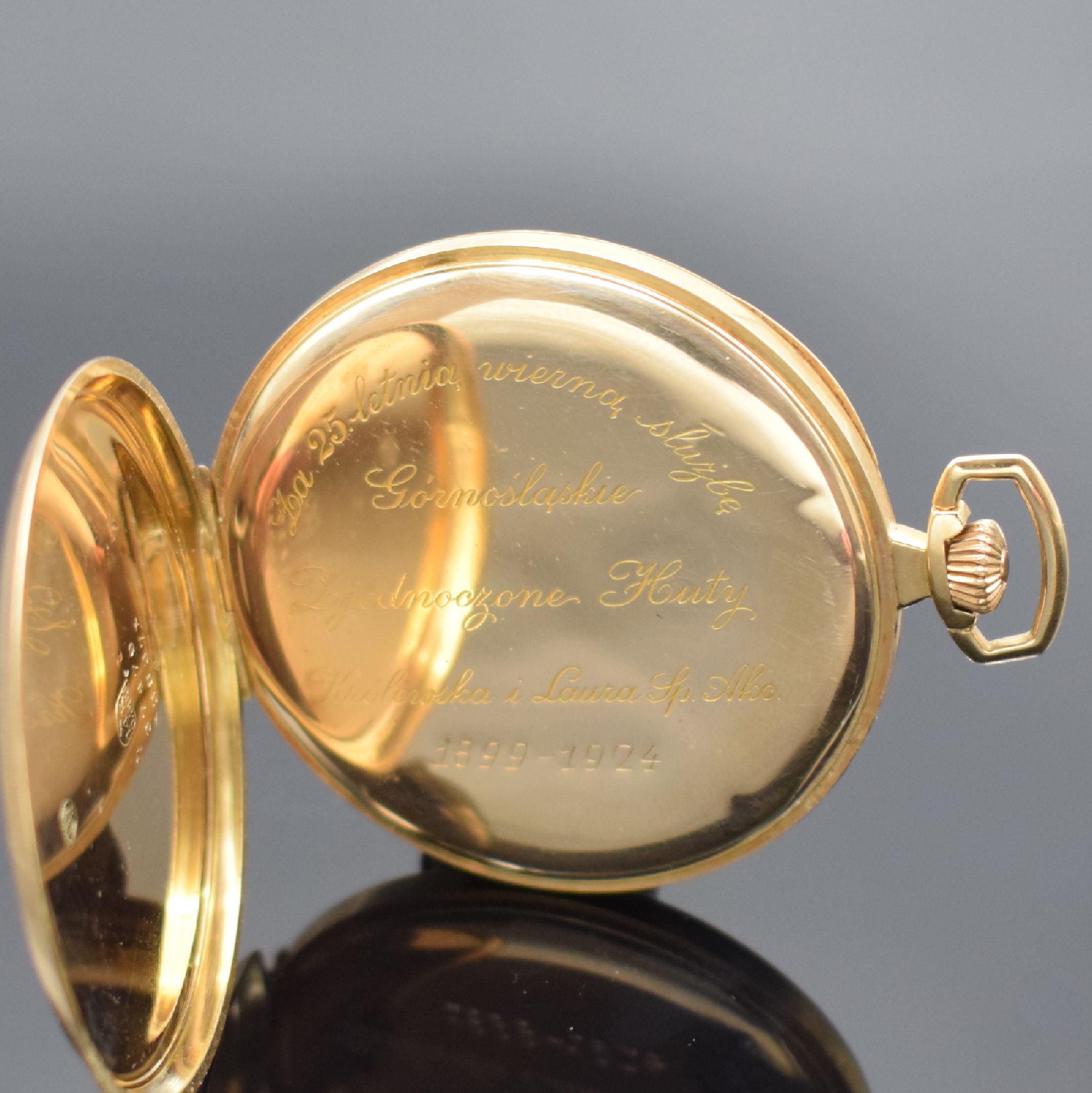 Detail c: SILVANA offene Taschenuhr in RoseG 585/000, Schweiz um 1924, 2-Deckel Goldgeh., Cuvette m. Widmung, Rückseite m. Strahlendekor & Monogramm, ...
