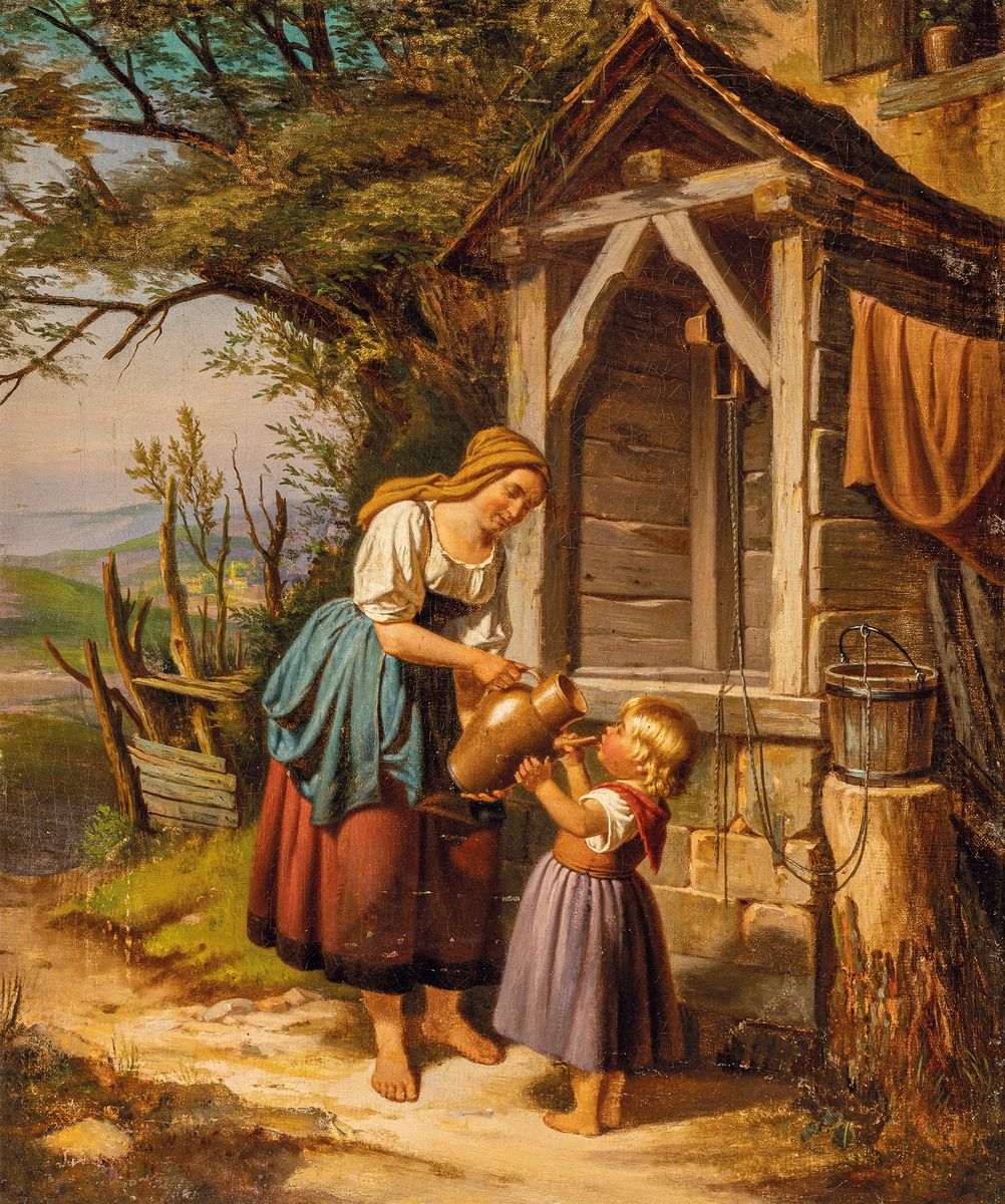 Unbekannter Künstler der 2. Hälfte des 19. Jh., Mutter und Kind am Brunnen, Öl/Lwd, doubliert, feine differenzierte Malerei mit großer Varianz in ...