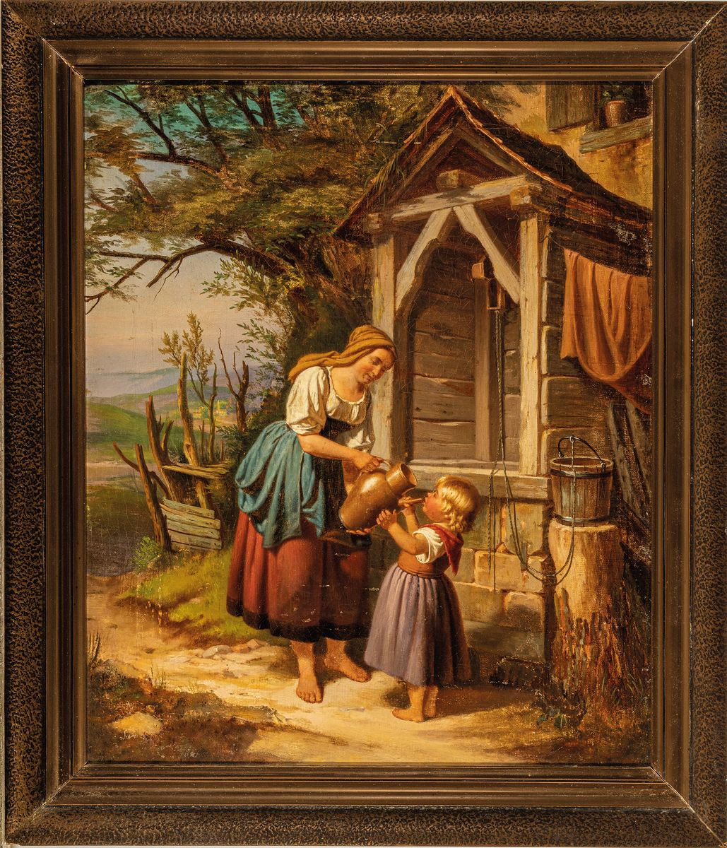 Detail k: Unbekannter Künstler der 2. Hälfte des 19. Jh., Mutter und Kind am Brunnen, Öl/Lwd, doubliert, feine differenzierte Malerei mit großer Varianz in ...