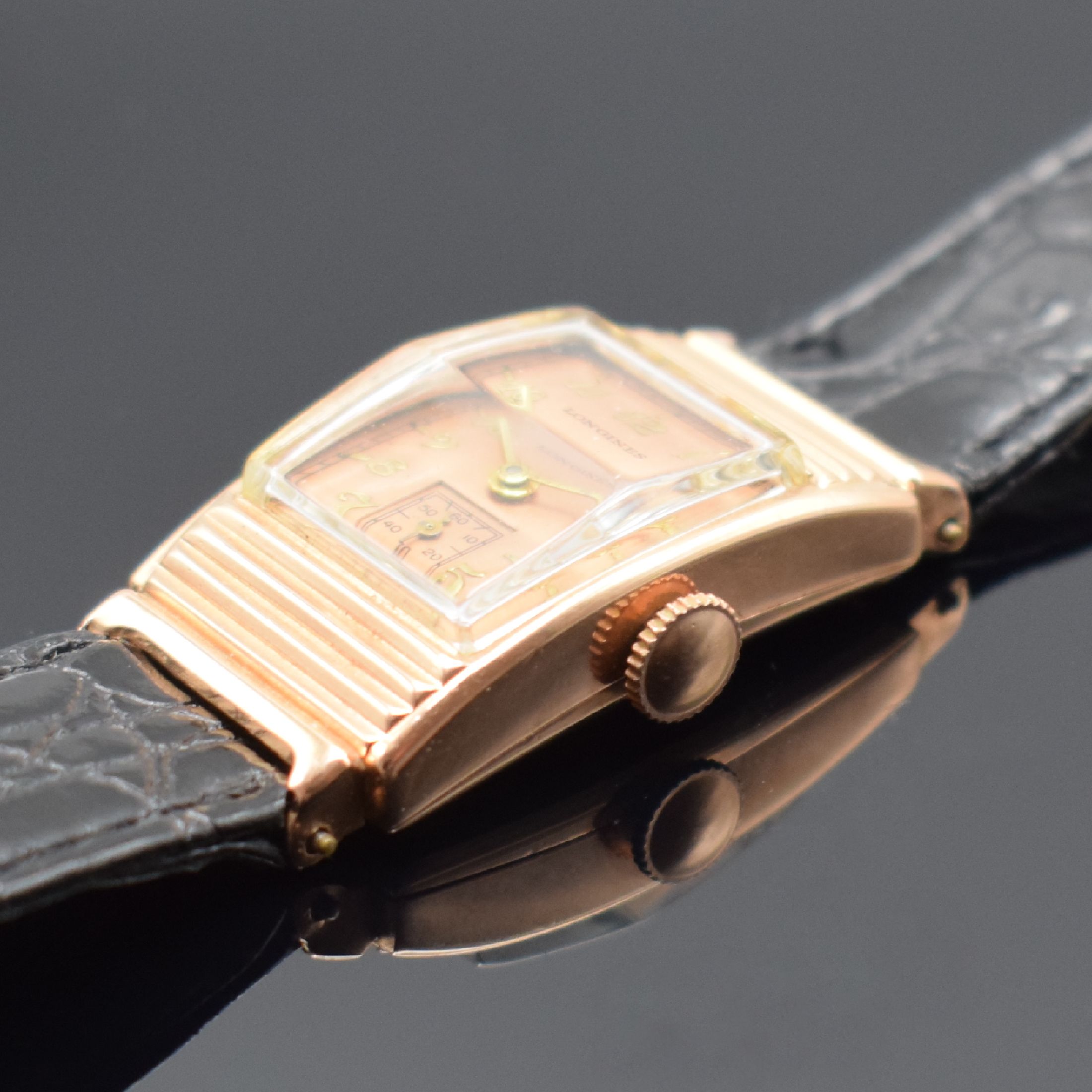 Detail b: LONGINES sogenannte Cocktail-Watch in RG 585/000, Schweiz/USA um 1941, Handaufzug, ausgef. 2-teil. Geh., Boden aufgedr., kupferfarb. Zifferbl. rest., ...