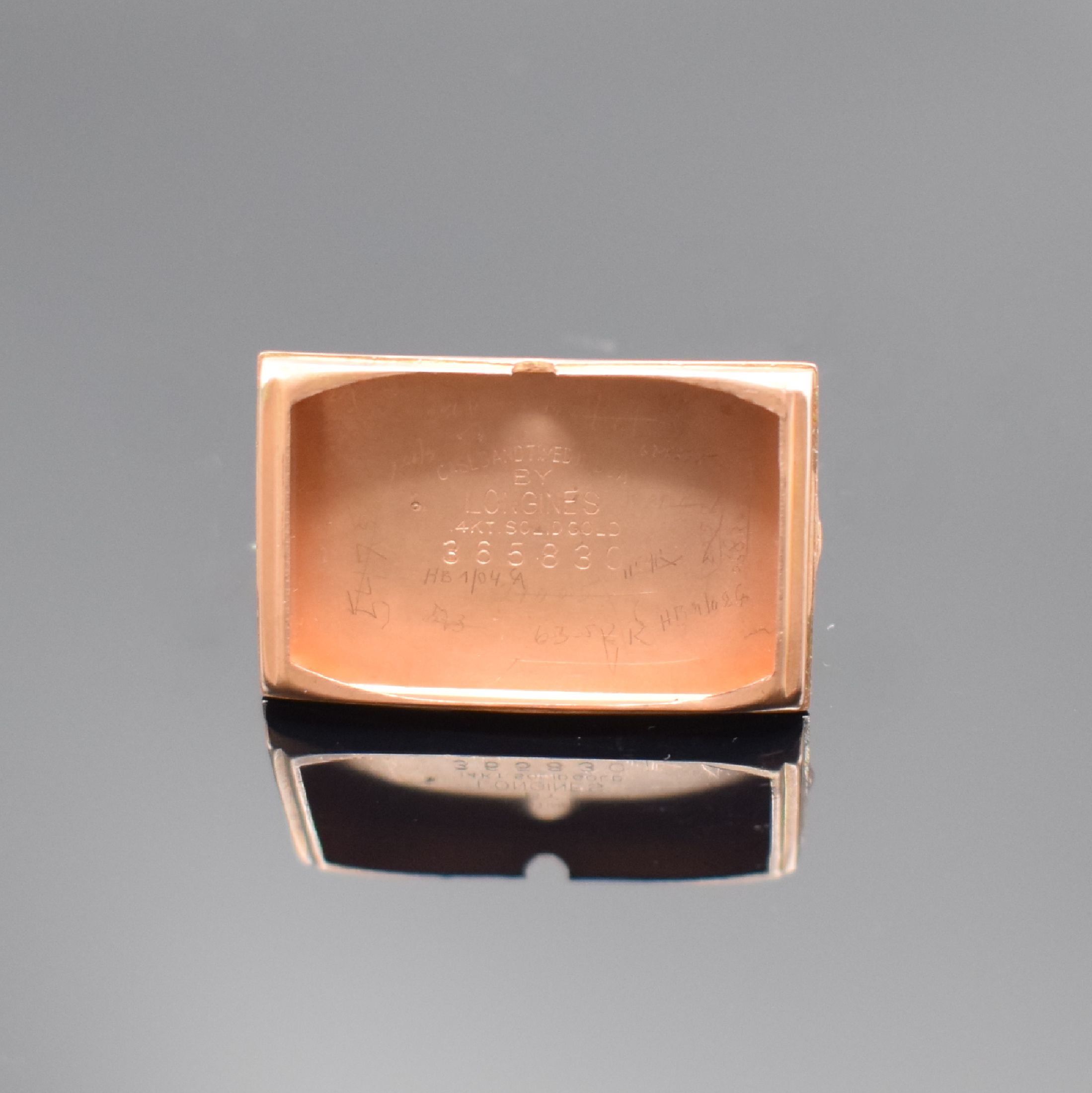 Detail e: LONGINES sogenannte Cocktail-Watch in RG 585/000, Schweiz/USA um 1941, Handaufzug, ausgef. 2-teil. Geh., Boden aufgedr., kupferfarb. Zifferbl. rest., ...