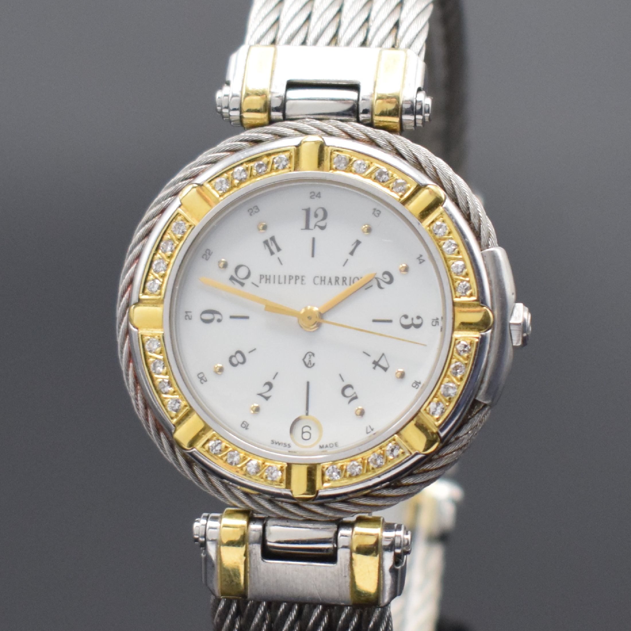 Detail a: PHILIPPE CHARRIOL Armbanduhr, quarz, Schweiz um 1990, Edelstahl/Gold kombiniert inkl. 6- reihigem Kordelband, Boden aufgedr., Goldlünette aufw. m. ...