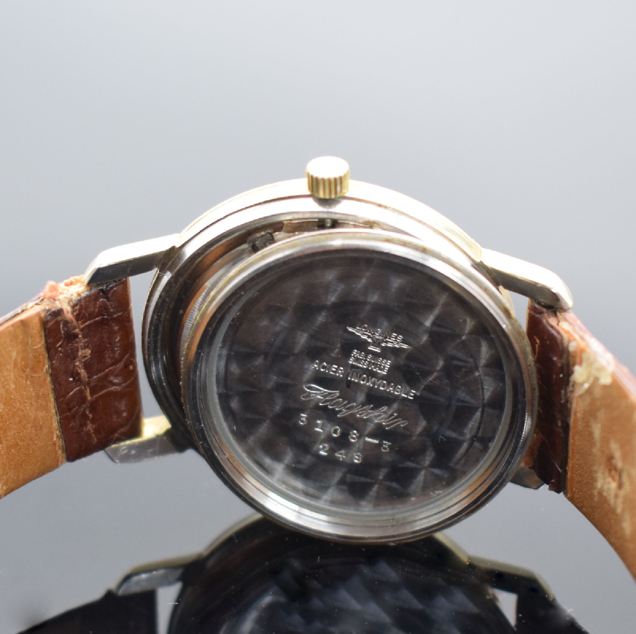 Detail f: LONGINES Flagship Herrenarmbanduhr mit Goldhaube Referenz 3108-3, Schweiz um 1961, Automatik, Boden m. zentraler Plakette verschr., silb. Zifferblatt ...