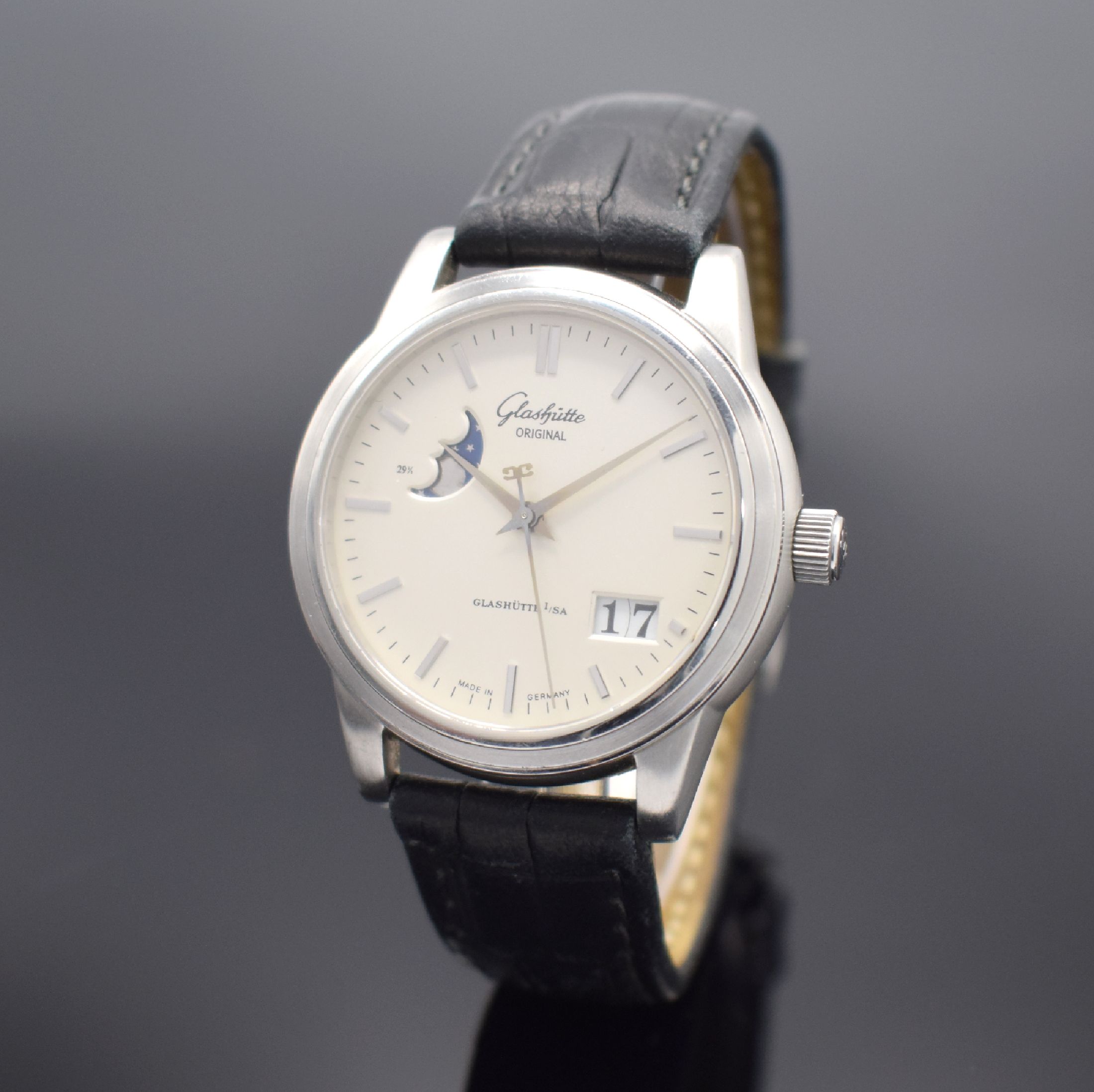 GLASHÜTTE ORIGINAL Herrenarmbanduhr Senator mit Panoramadatum & Mondphase in Stahl, Deutschland verk. lt. beil. Garantie 08/2001, Automatik, matt. ...
