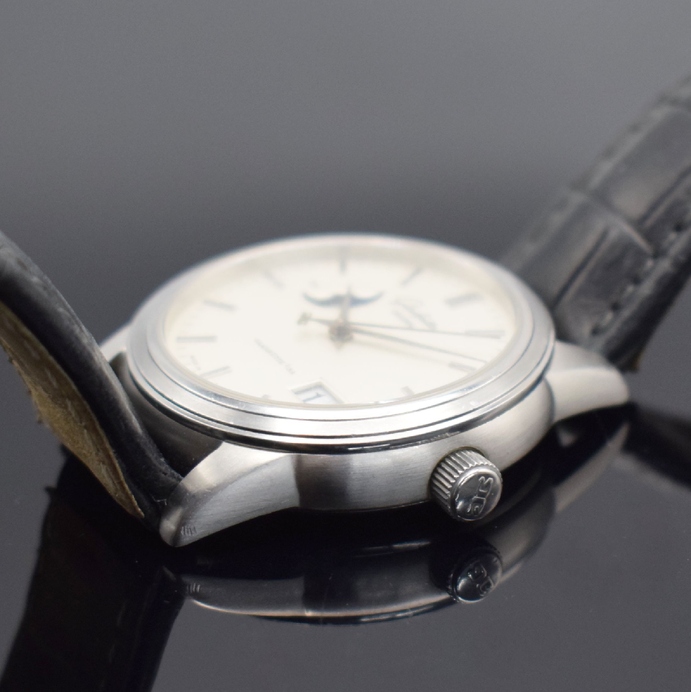 Detail b: GLASHÜTTE ORIGINAL Herrenarmbanduhr Senator mit Panoramadatum & Mondphase in Stahl, Deutschland verk. lt. beil. Garantie 08/2001, Automatik, matt. ...