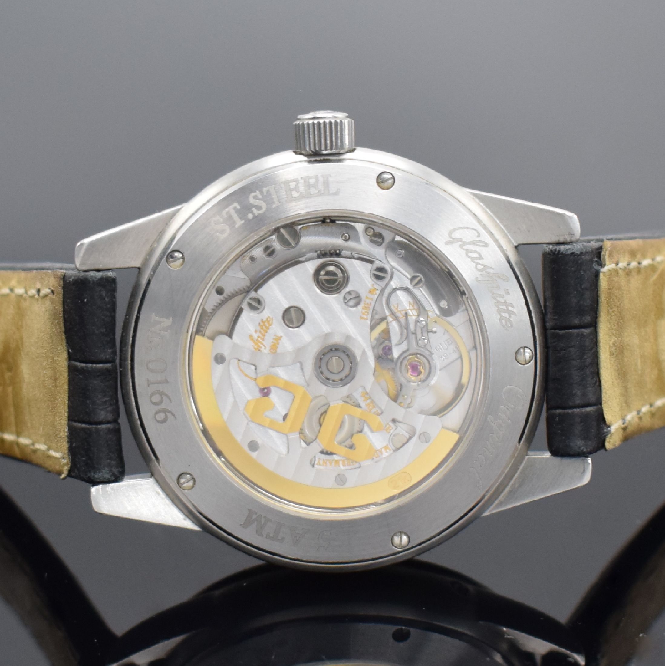 Detail c: GLASHÜTTE ORIGINAL Herrenarmbanduhr Senator mit Panoramadatum & Mondphase in Stahl, Deutschland verk. lt. beil. Garantie 08/2001, Automatik, matt. ...