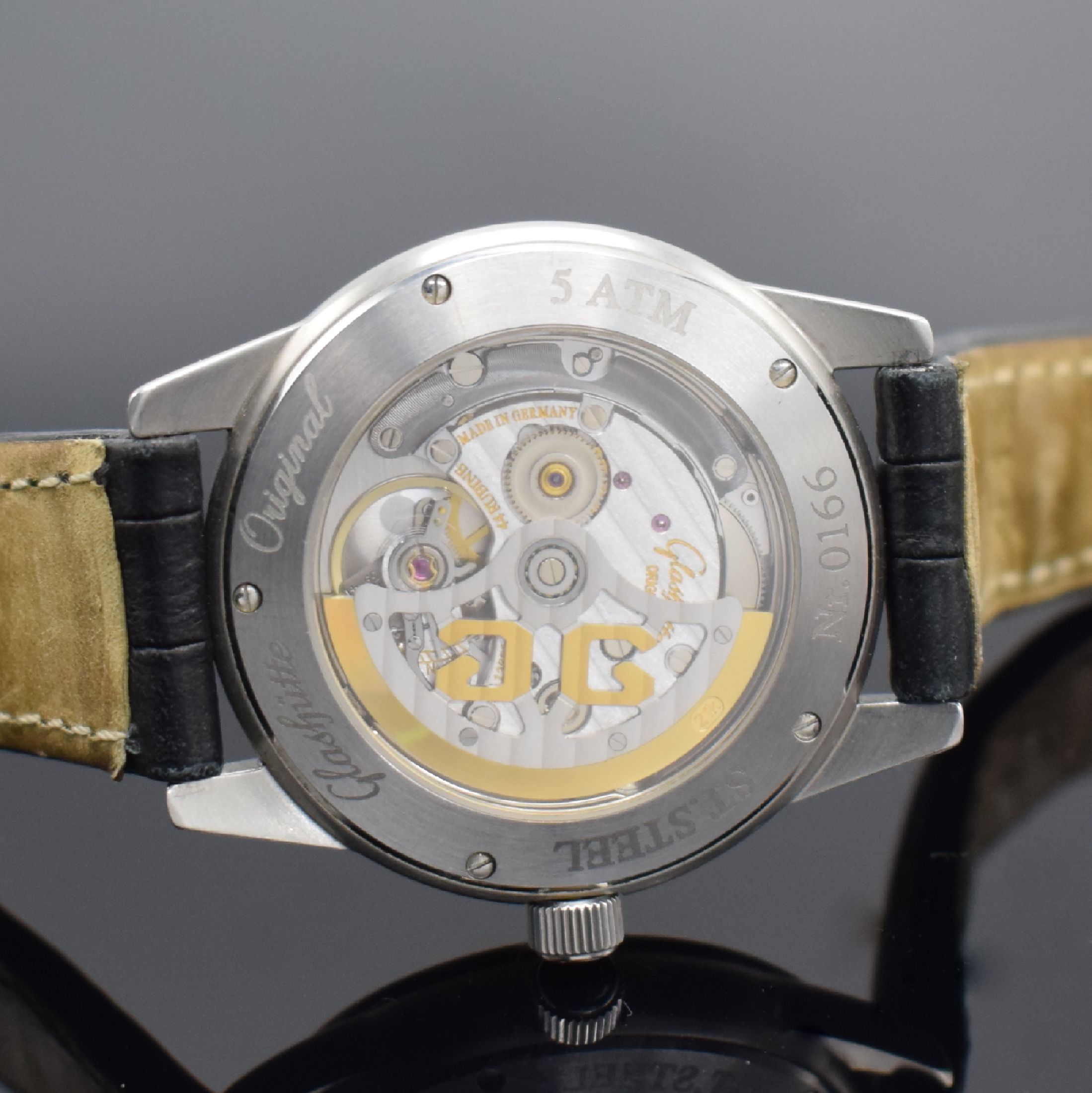 Detail d: GLASHÜTTE ORIGINAL Herrenarmbanduhr Senator mit Panoramadatum & Mondphase in Stahl, Deutschland verk. lt. beil. Garantie 08/2001, Automatik, matt. ...