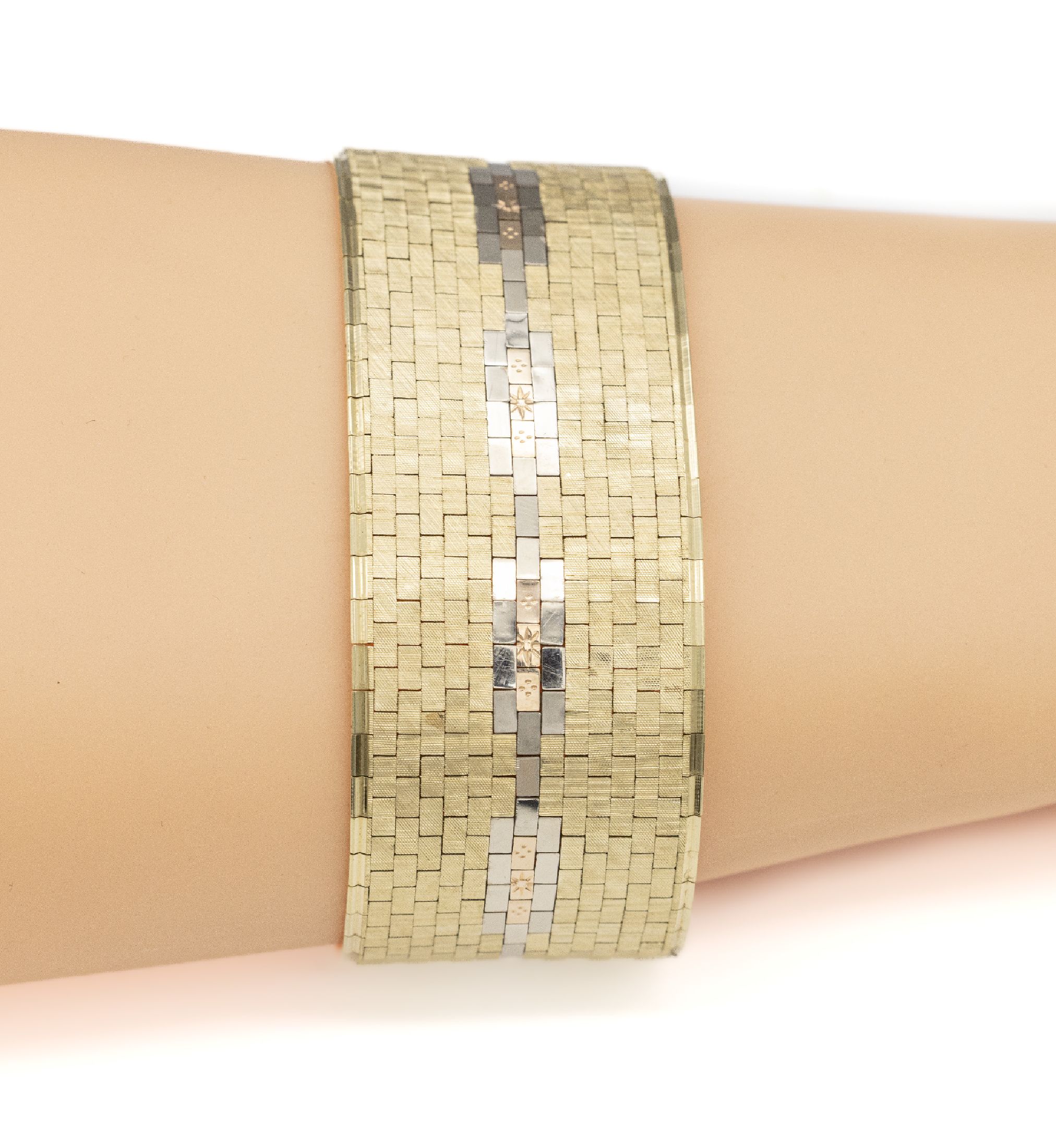 14 kt Gold Armband, GG/WG/RG 585/000, L. ca. 19 cm, B. ca. 2.8 cm, Kastenschloss mit 2 Sicherheitsachten, ca. 83.8 g