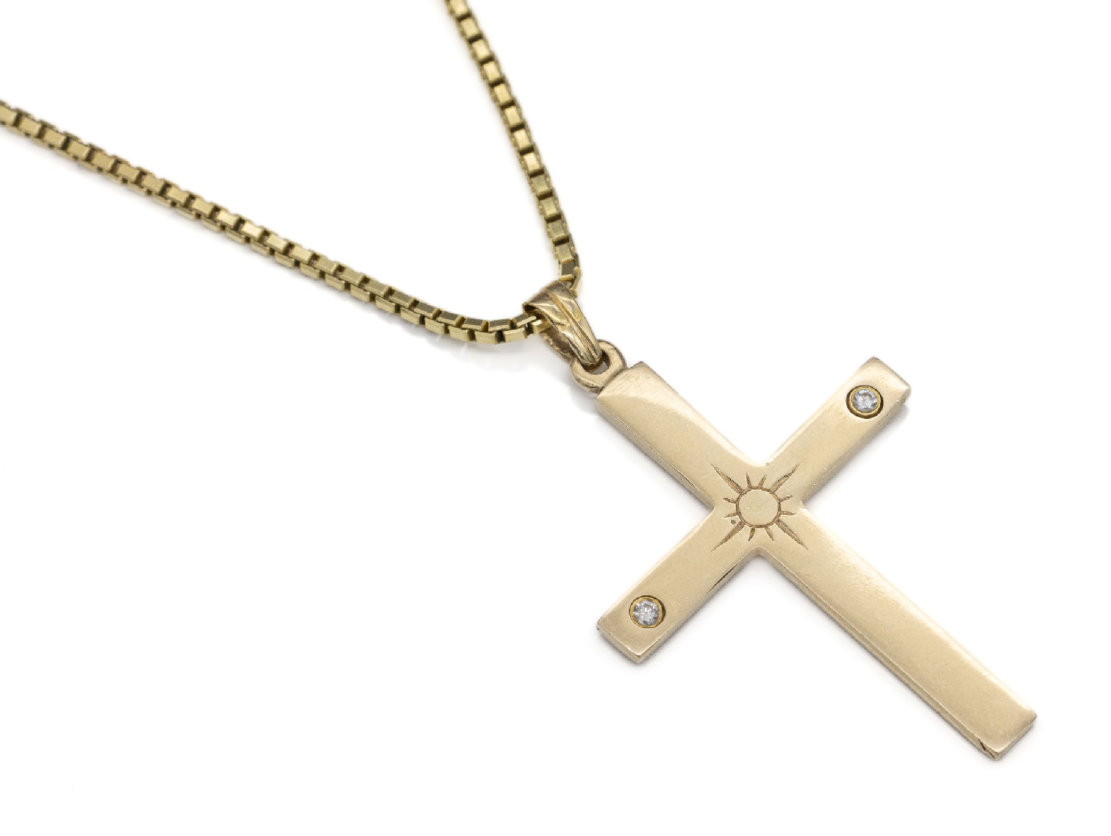 14 kt Gold Brillant-Kreuzanhänger, GG 585/000, 2 Brillanten zus. ca. 0.10 ct Weiß/si, an Venezianerkette GG 585/000, total ca. 32.7 g, L ca. 54 cm