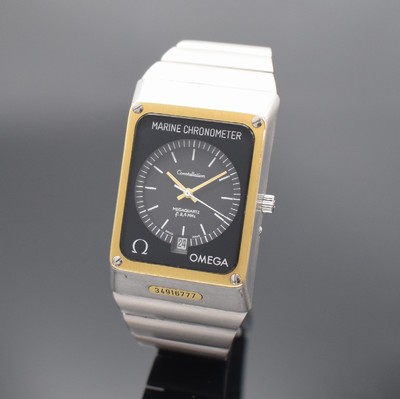 Image OMEGA wristwatch Constellation Megaquartz f2,4MHz Marine Chronometer, reference 198.0082/398.0832, solid stainless steel including stainless steel bracelet with deployant clasp, case back screwed-down 4- times, correction at the sides outside 4, yellow gold-bezel, gray dial with white hour- indices, luminous hands, date at 6, measures approx. 49 x 33 mm, length approx. 20 cm, condition 2