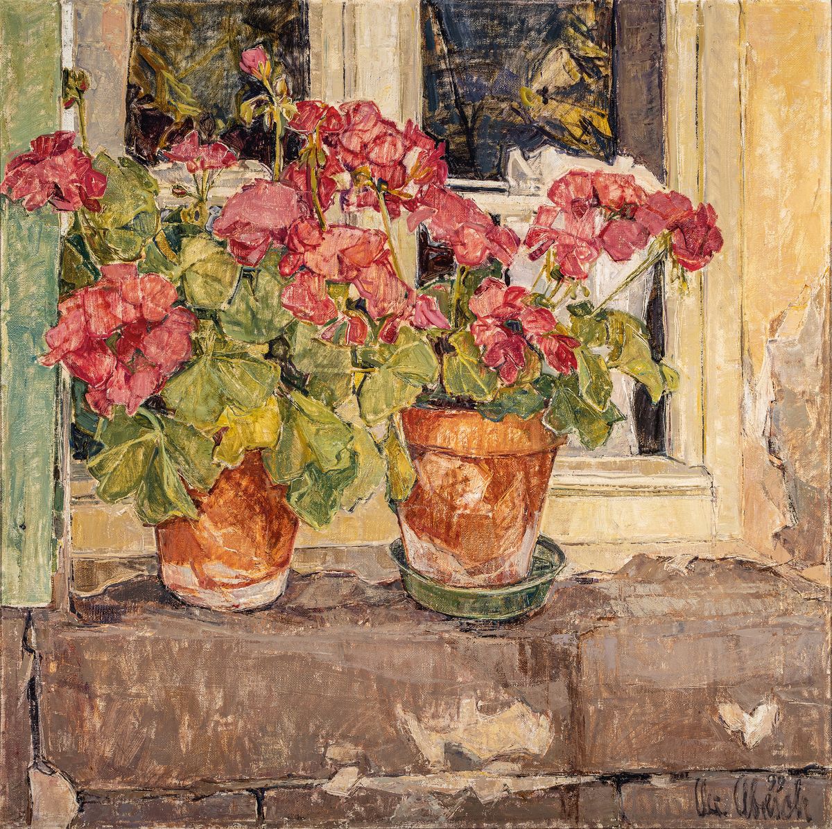 Christel Abresch, 1931 Sulzbach-2011 Neustadt a.d. Weinstraße, Blumen vor dem Fenster, Öl/Lwd, rückseitig betitelt: Fenster des Armenhauses in ...